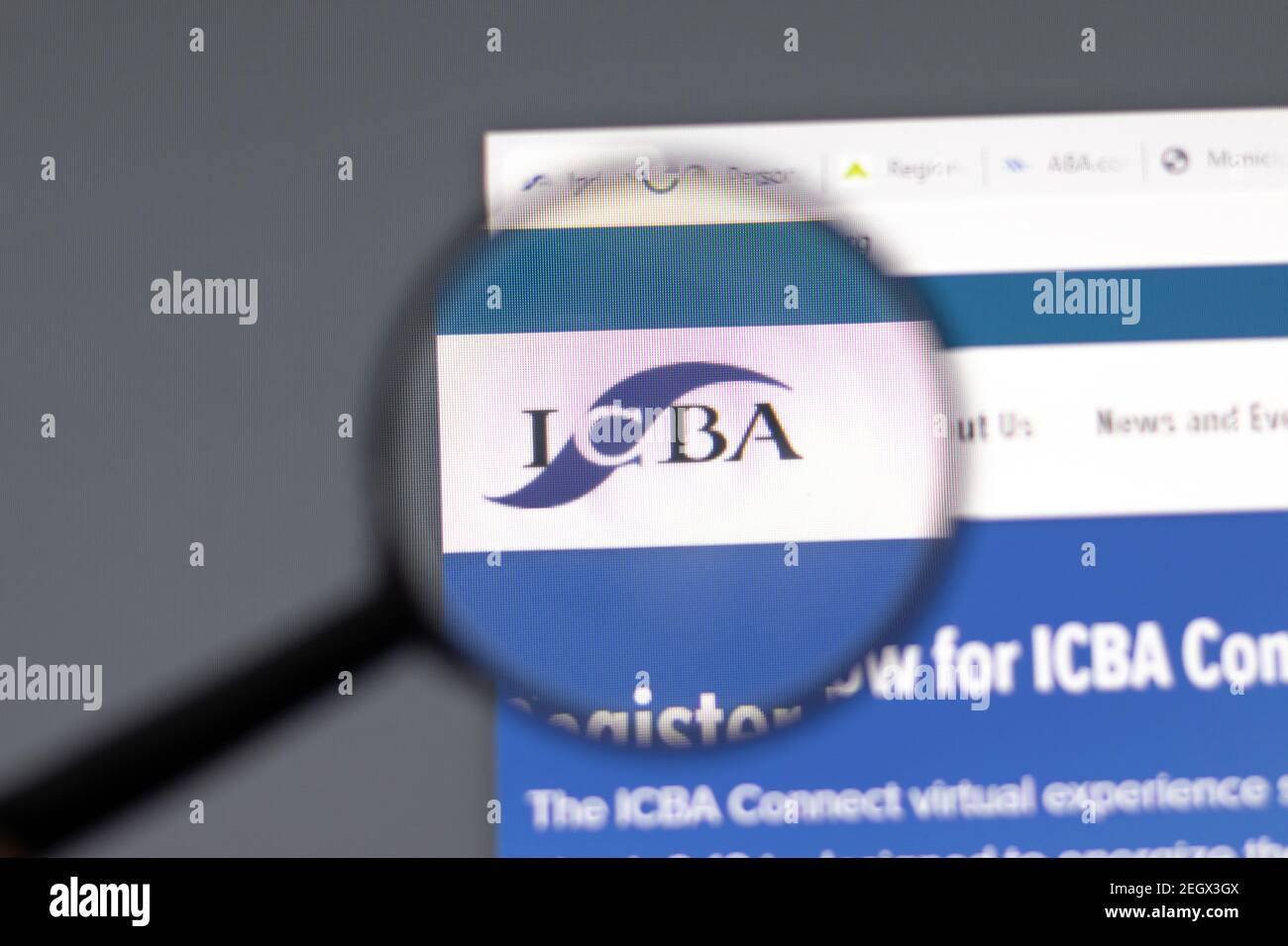 New York, USA - 15 February 2021: Independent Community Bankers of America ICBA website in browser with company logo, Illustrative Editorial Stock Photo