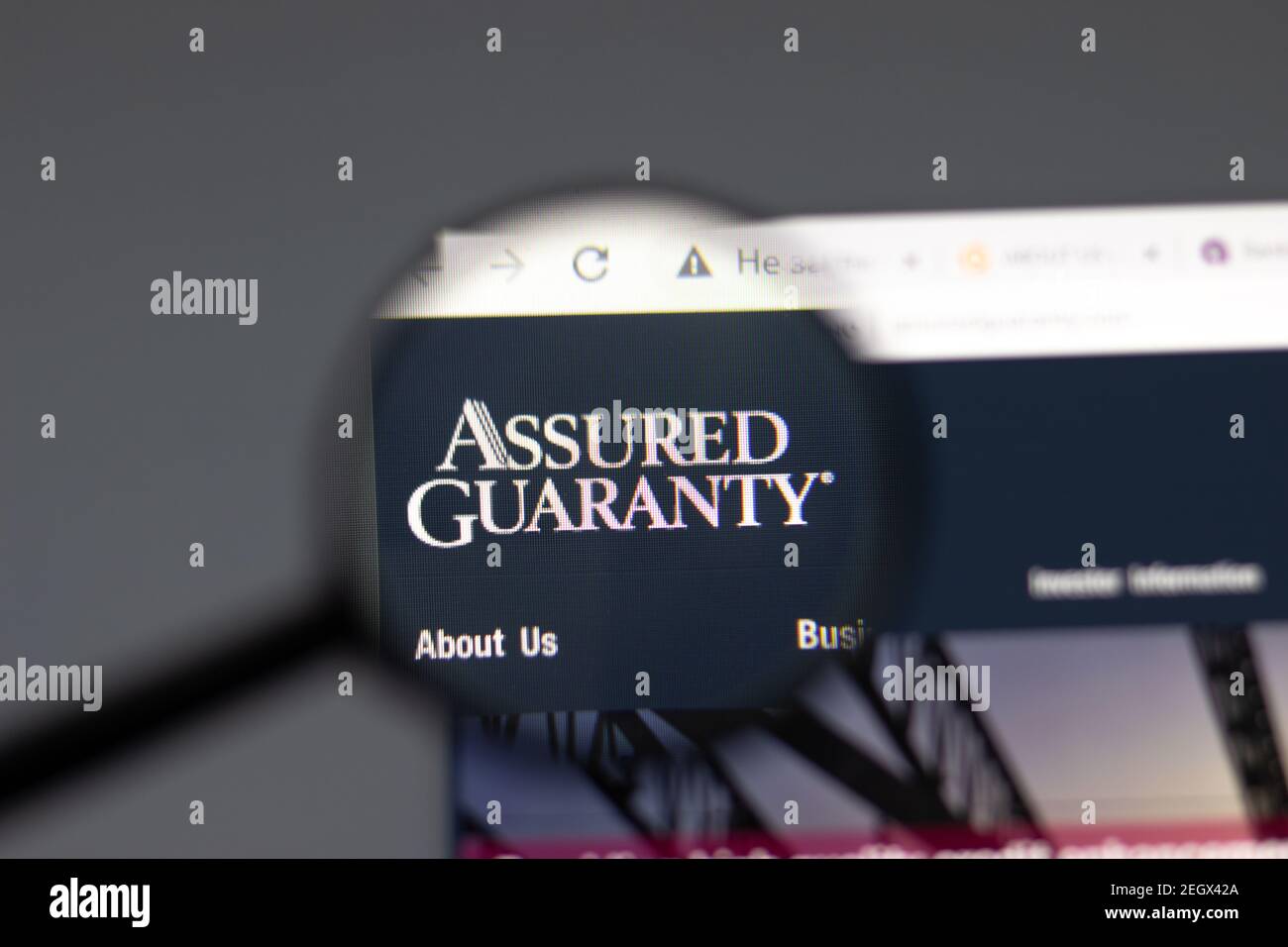 New York, USA - 15 February 2021: Assured Guaranty Corp website in browser with company logo, Illustrative Editorial Stock Photo