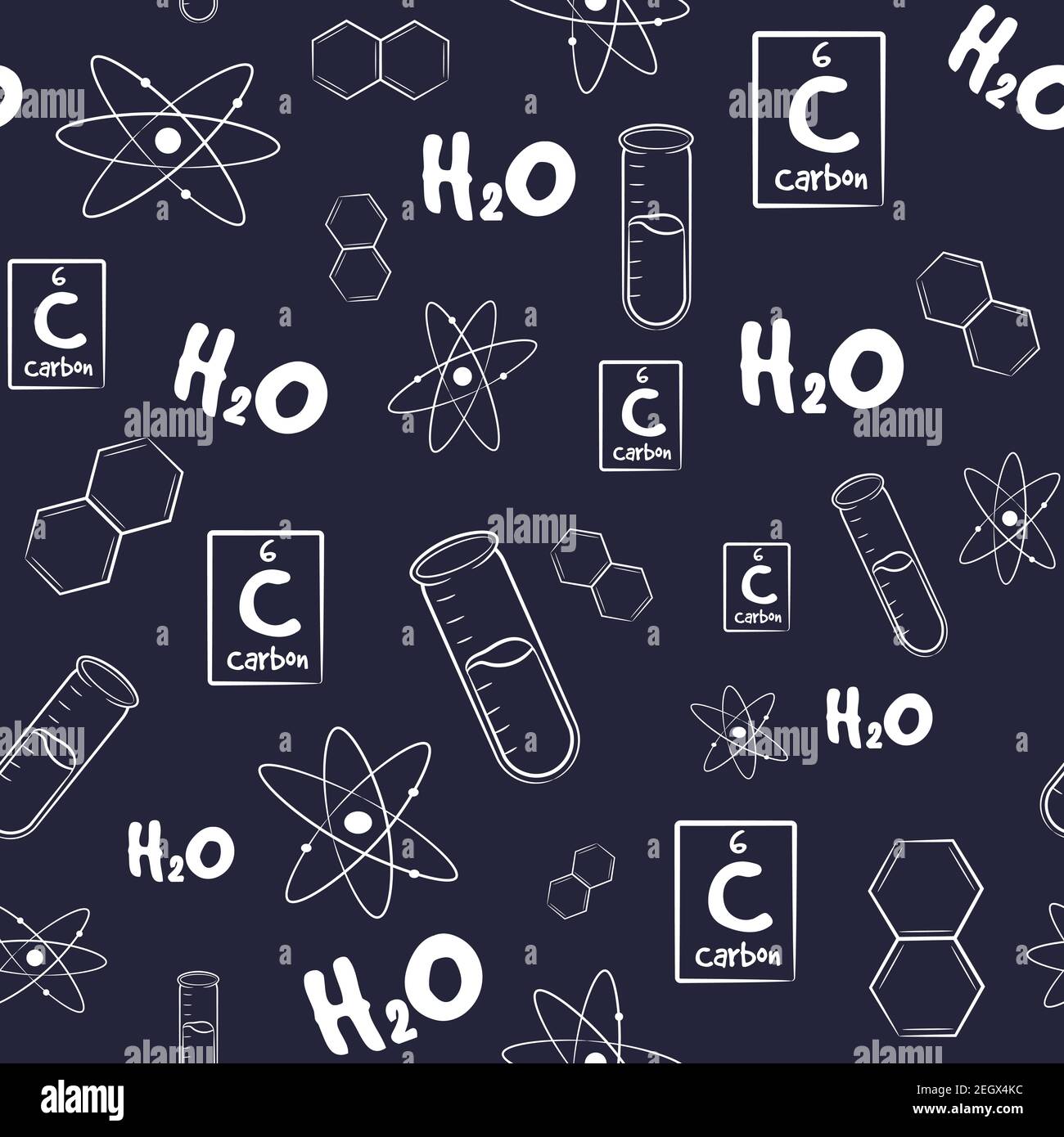 Seamless pattern with chemistry elements and sketches. Repetitive background with test tubes, formulas, elements and atoms. Science and research wallp Stock Vector