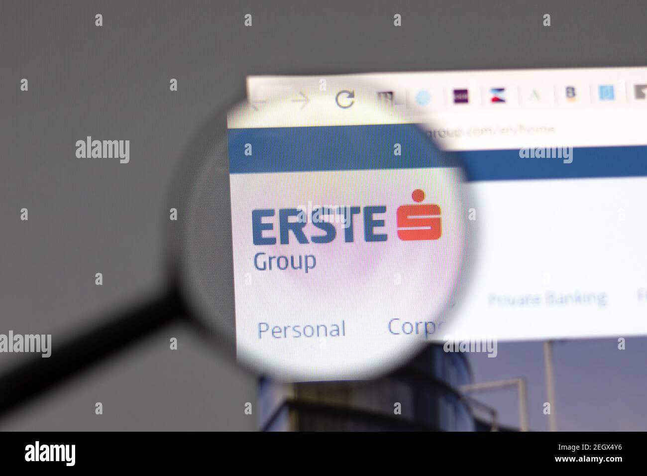New York, USA - 15 February 2021: Erste Bank website in browser with company logo, Illustrative Editorial Stock Photo