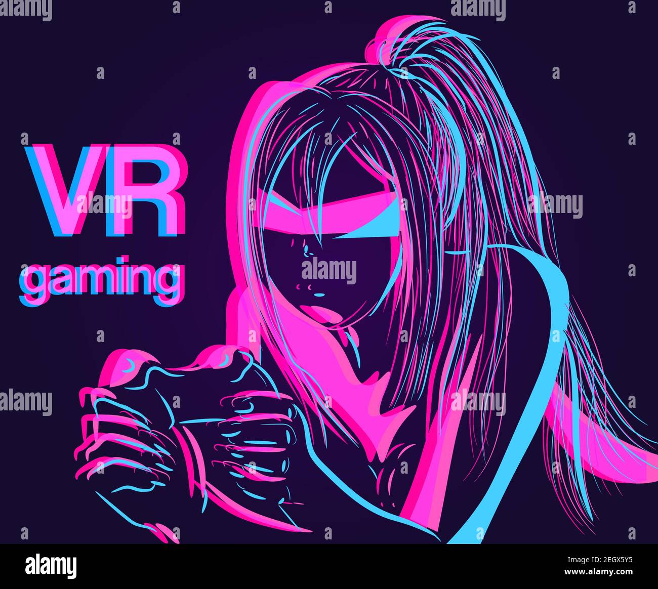 Pink and blue illustration of a gamer girl playing on a console. Neon vector of a virtual reality cyber and futuristic robot with glasses. Stock Vector