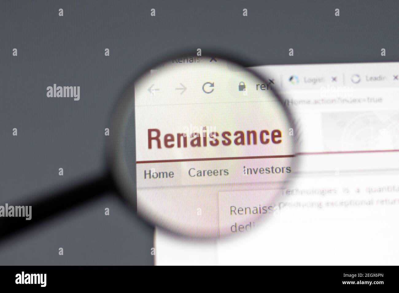 New York, USA - 15 February 2021: Renaissance Technologies website in browser with company logo, Illustrative Editorial Stock Photo