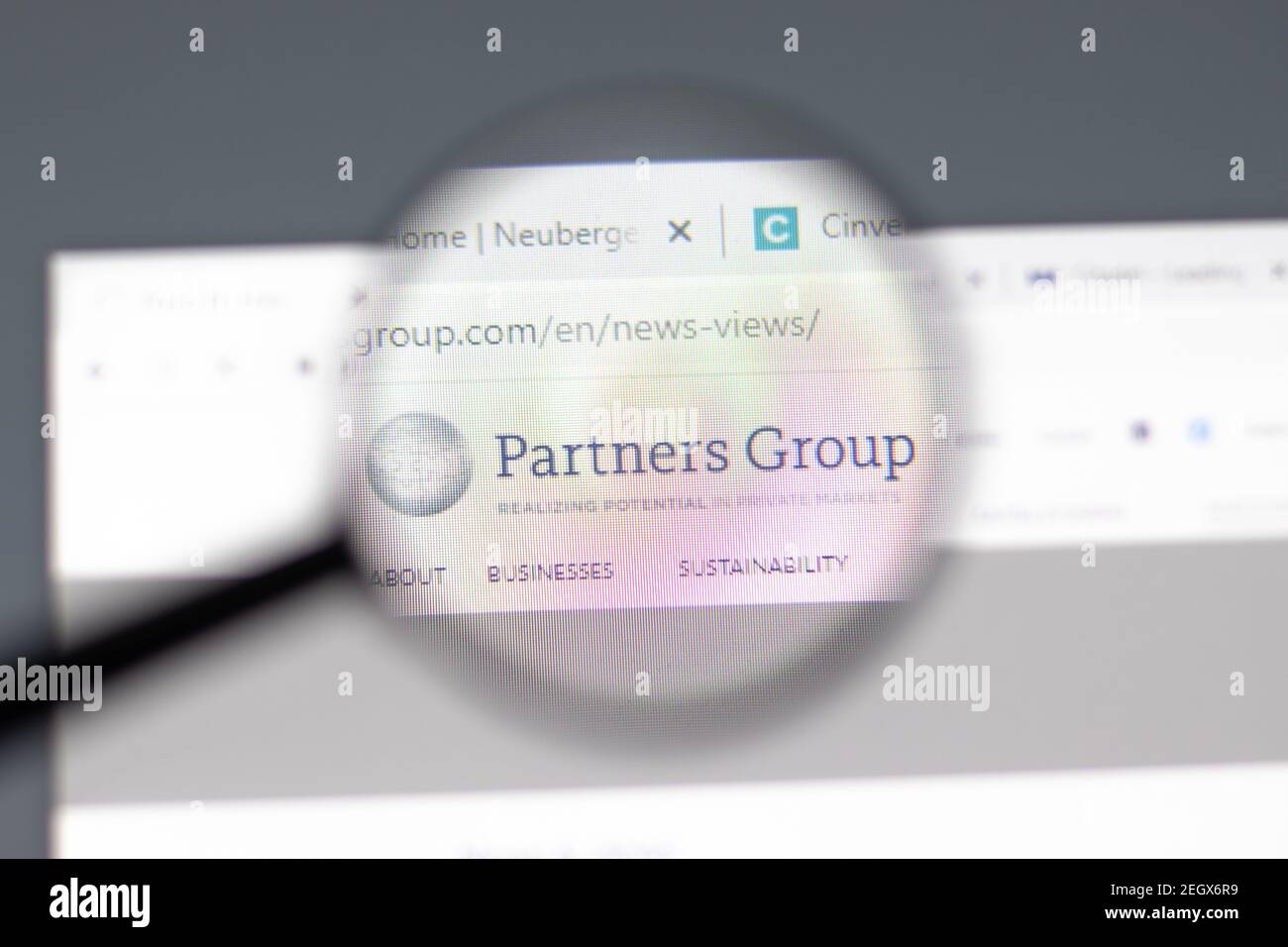 New York, USA - 15 February 2021: Partners Group website in browser with company logo, Illustrative Editorial Stock Photo
