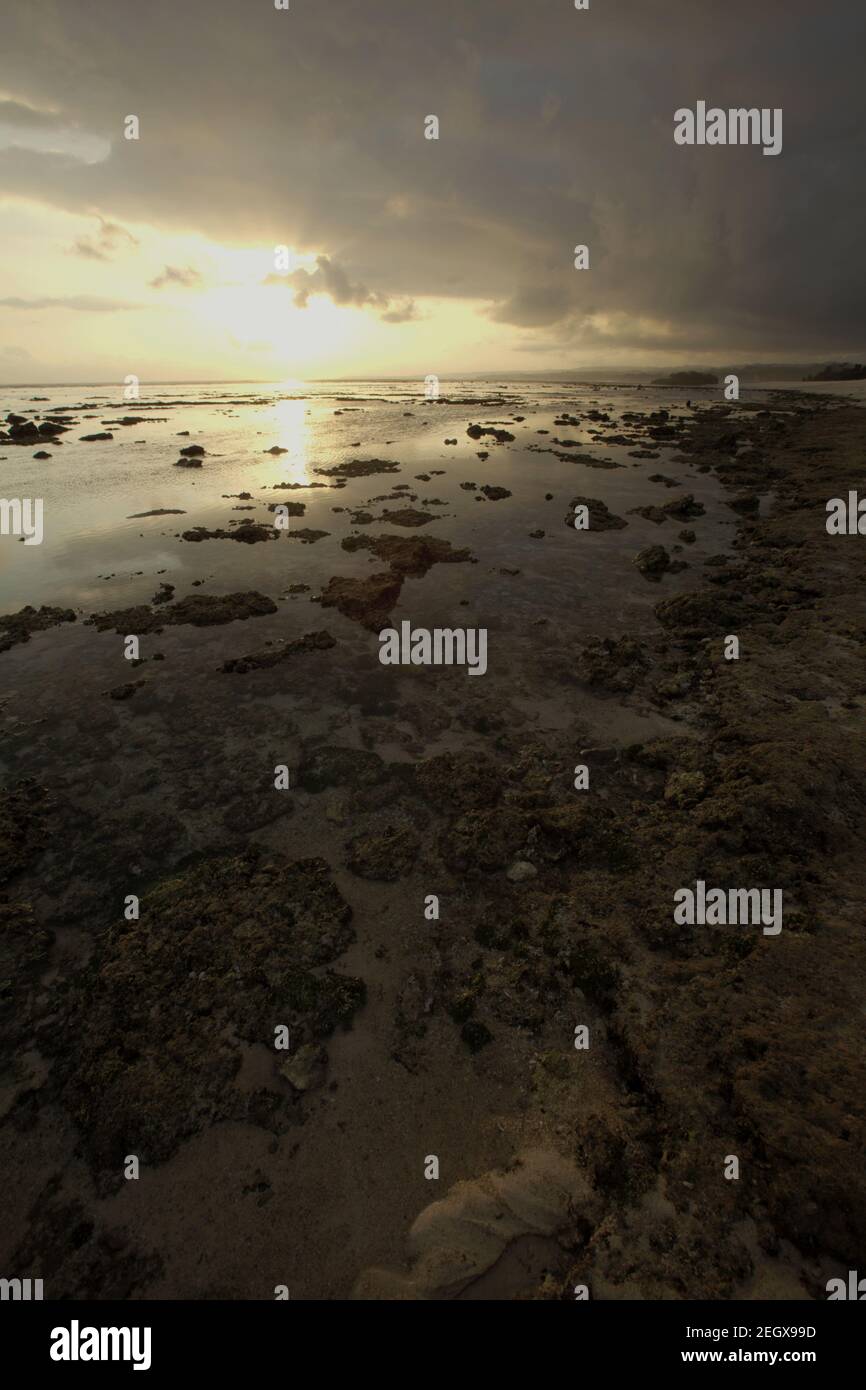 Rocky intertidal beach during low tide before sunset time in Sumba Island, Indonesia. Stock Photo