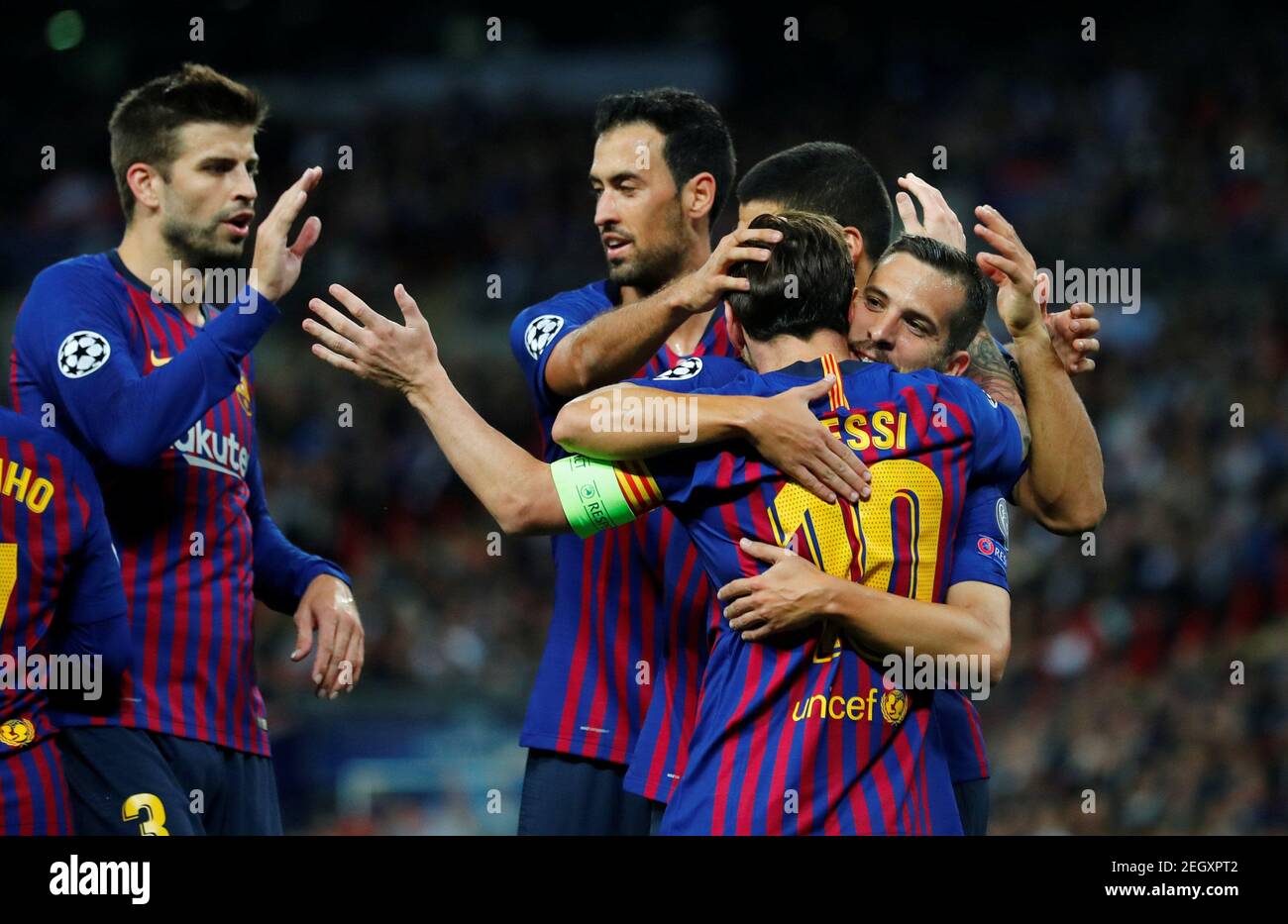 Soccer Football - Champions League - Group Stage - Group B - Tottenham Hotspur v FC Barcelona - Wembley Stadium, London, Britain - October 3, 2018  Barcelona's Lionel Messi celebrates scoring their third goal with team mates      REUTERS/Eddie Keogh Stock Photo