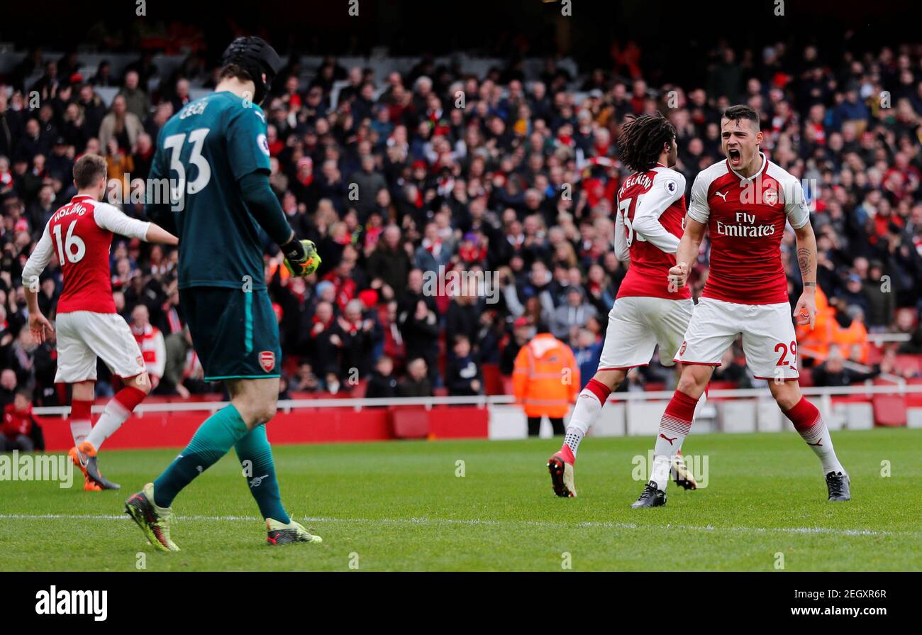 Soccer Football - Premier League - Arsenal vs Watford - Emirates Stadium, London, Britain - March 11, 2018   Arsenal's Granit Xhaka reacts after Petr Cech saved a penalty    REUTERS/Eddie Keogh    EDITORIAL USE ONLY. No use with unauthorized audio, video, data, fixture lists, club/league logos or 'live' services. Online in-match use limited to 75 images, no video emulation. No use in betting, games or single club/league/player publications.  Please contact your account representative for further details. Stock Photo
