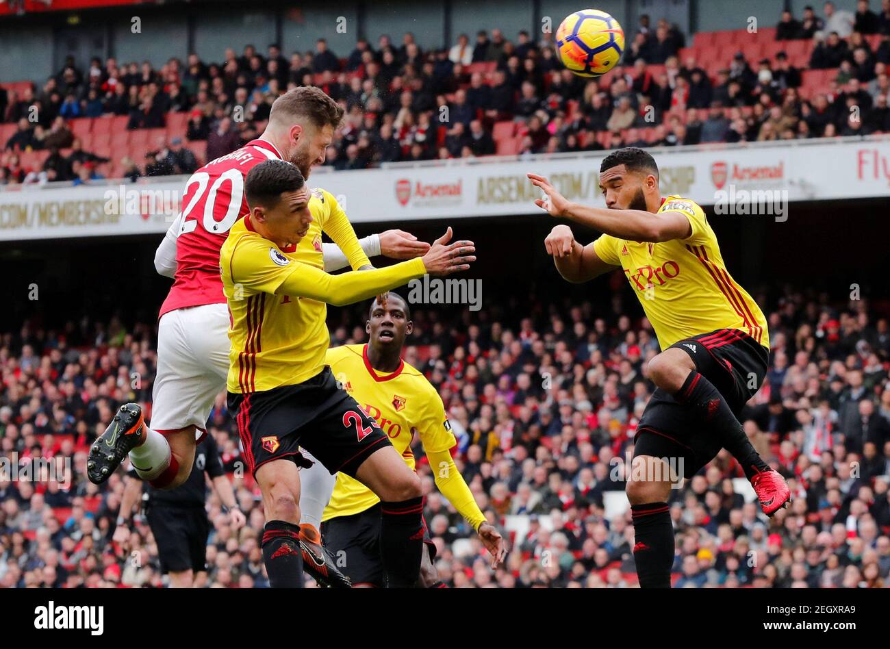 Soccer Football - Premier League - Arsenal vs Watford - Emirates Stadium, London, Britain - March 11, 2018 Arsenal's Shkodran Mustafi scores their first goal REUTERS/Eddie Keogh EDITORIAL USE ONLY. No use with unauthorized audio, video, data, fixture lists, club/league logos or "live" services. Online in-match use limited to 75 images, no video emulation. No use in betting, games or single club/league/player publications. Please contact your account representative for further details. Stock Photo