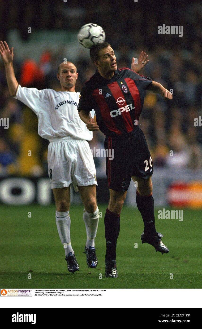 Football - Leeds United v AC Milan , UEFA Champions League , Group H , 19/9/ 00 Mandatory Credit:Action Images AC Milan's Oliver Bierhoff wins the  header above Leeds United's Danny Mills Stock Photo - Alamy
