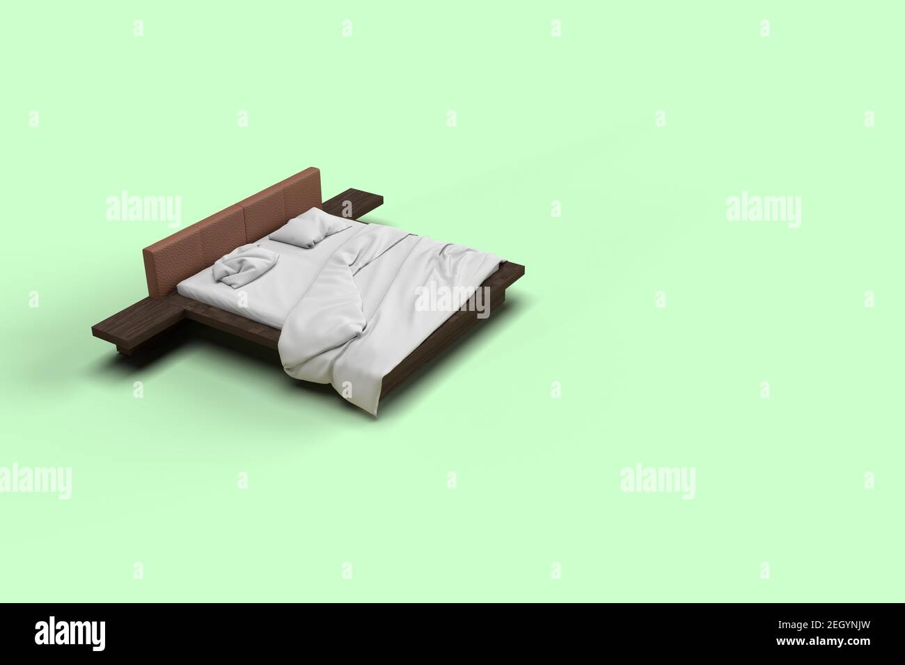 3d render top side angle view of white bed with white pillow cover and white bed sheet and