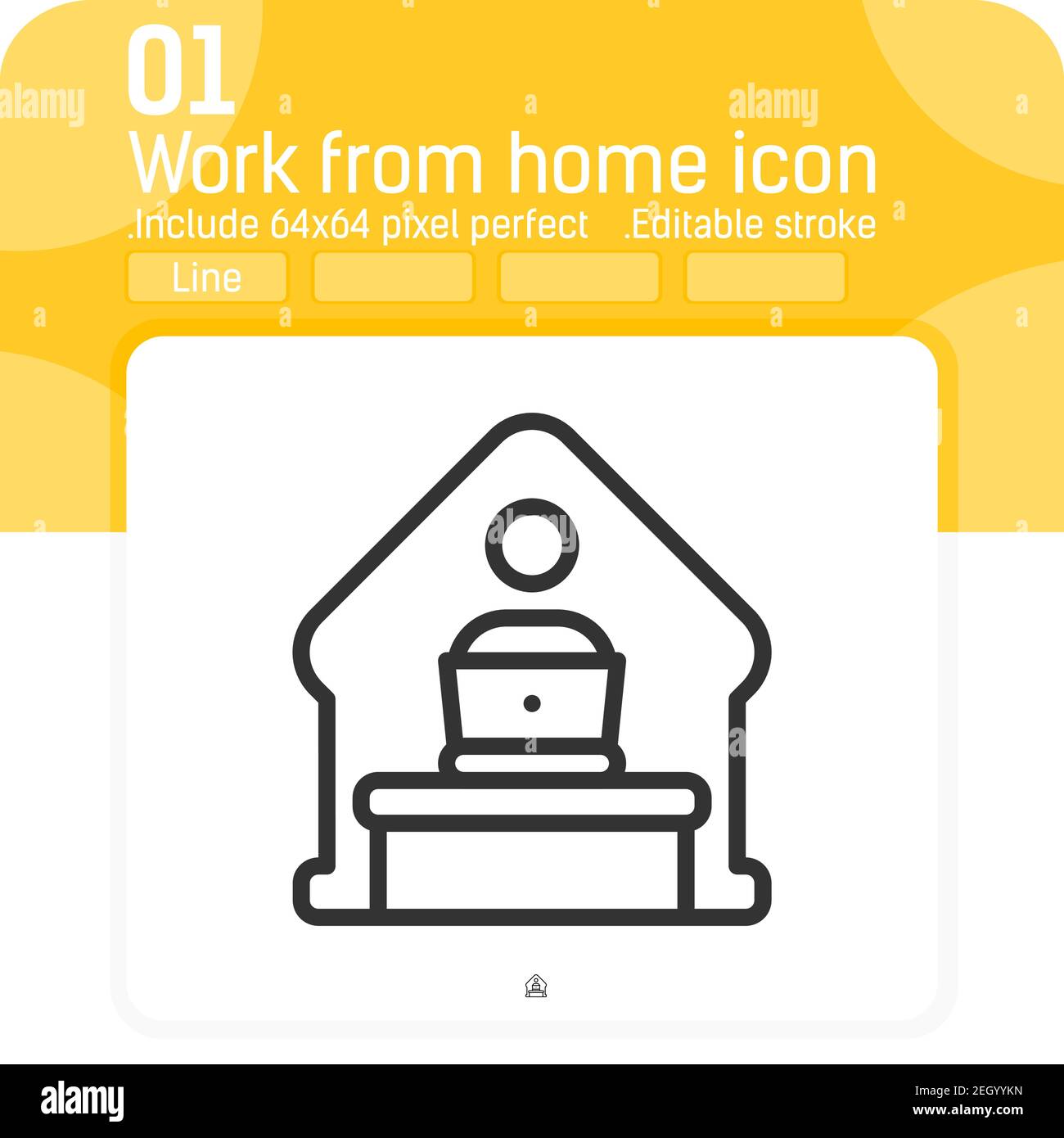 Home office remote work icon concept with line style isolated on white background. Vector linear illustration work from home with computer desktop Stock Vector