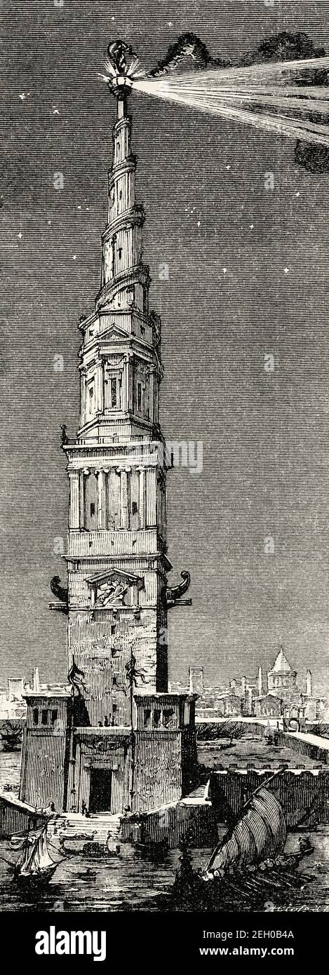 Pharos of Alexandria. Representation of the great lighthouse of Alexandria which was built in 280 BC on the Island of Pharos. One of the Seven Wonders of the Ancient World, Ancient Egypt History. Old 19th century engraved illustration from El Mundo Ilustrado 1879 Stock Photo