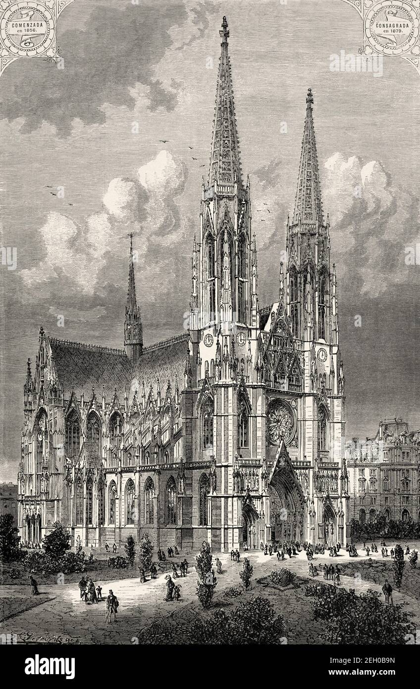 Neo gothic style Votive Church. The Votive Church of the Divine Savior. Votive Church (Votivkirche) one of the most remarkable churches of the 19th century. Catholic temple of worship located in Vienna, Austria. Europe. Old 19th century engraved illustration from El Mundo Ilustrado 1879 Stock Photo