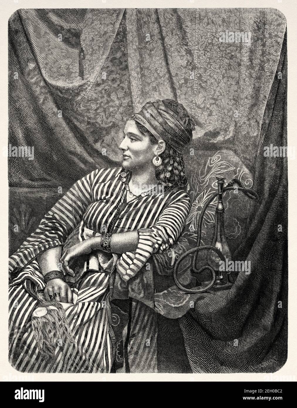 Elegant Syrian Woman. Damascene woman dressed in traditional 19th century clothing, Syria. Old 19th century engraved illustration from El Mundo Ilustrado 1879 Stock Photo