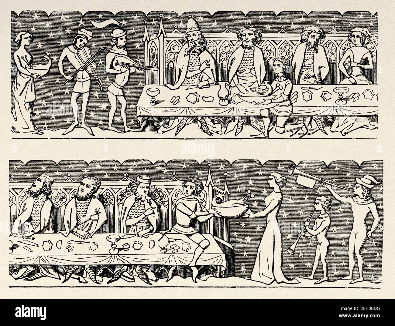 Feast of the noble class of the fifteenth century with music, food and drink. Old 19th century engraved illustration from El Mundo Ilustrado 1879 Stock Photo