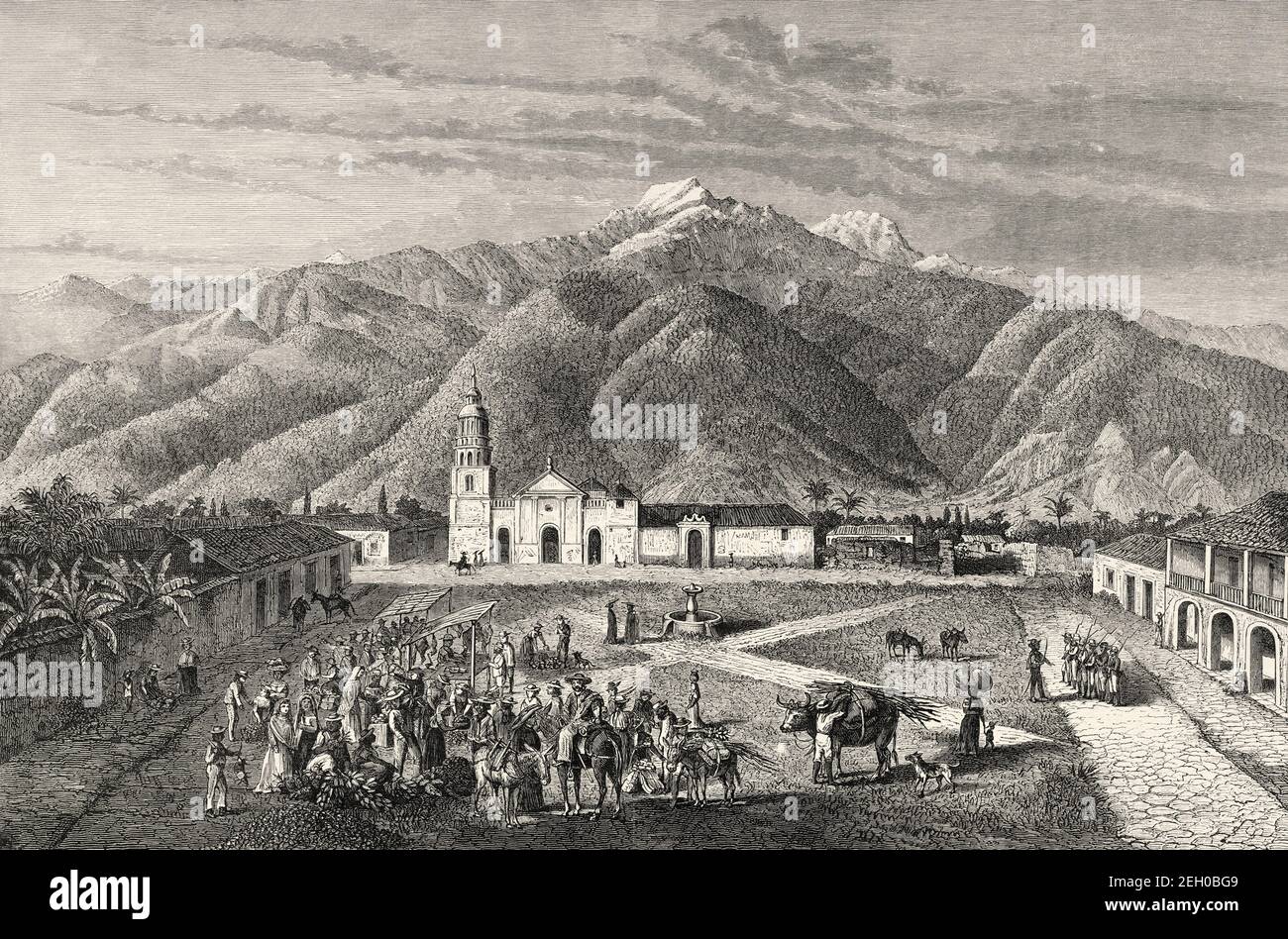 Panoramic general view of the main square and the cathedral of the Venezuelan city of Merida. Venezuela, South America. Old 19th century engraved illustration from El Mundo Ilustrado 1879 Stock Photo