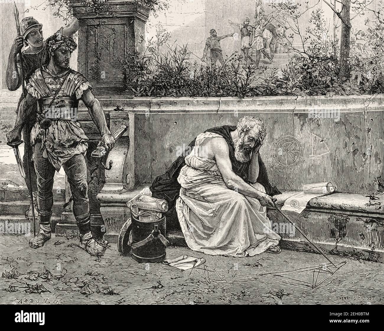 The Death of Archimedes, killed by a Roman soldier during the assault on Syracuse, Ancient greek history. Old 19th century engraved illustration from El Mundo Ilustrado 1879 Stock Photo