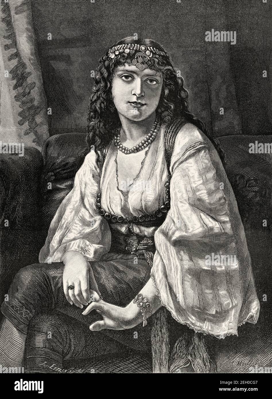 Portrait of a beautiful young syrian woman dressed in traditional nineteenth century clothing, Syria. Old 19th century engraved illustration from El Mundo Ilustrado 1879 Stock Photo
