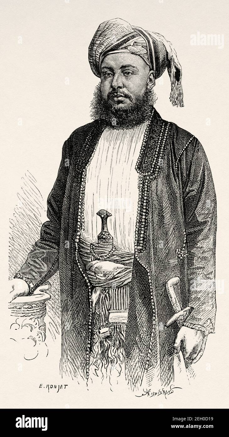 Portrait of Sayyid Barghash bin Said Al-Busaid (1837 -1888) Second Sultan of Zanzibar, Africa. Old 19th century engraved illustration from El Mundo Ilustrado 1879 Stock Photo