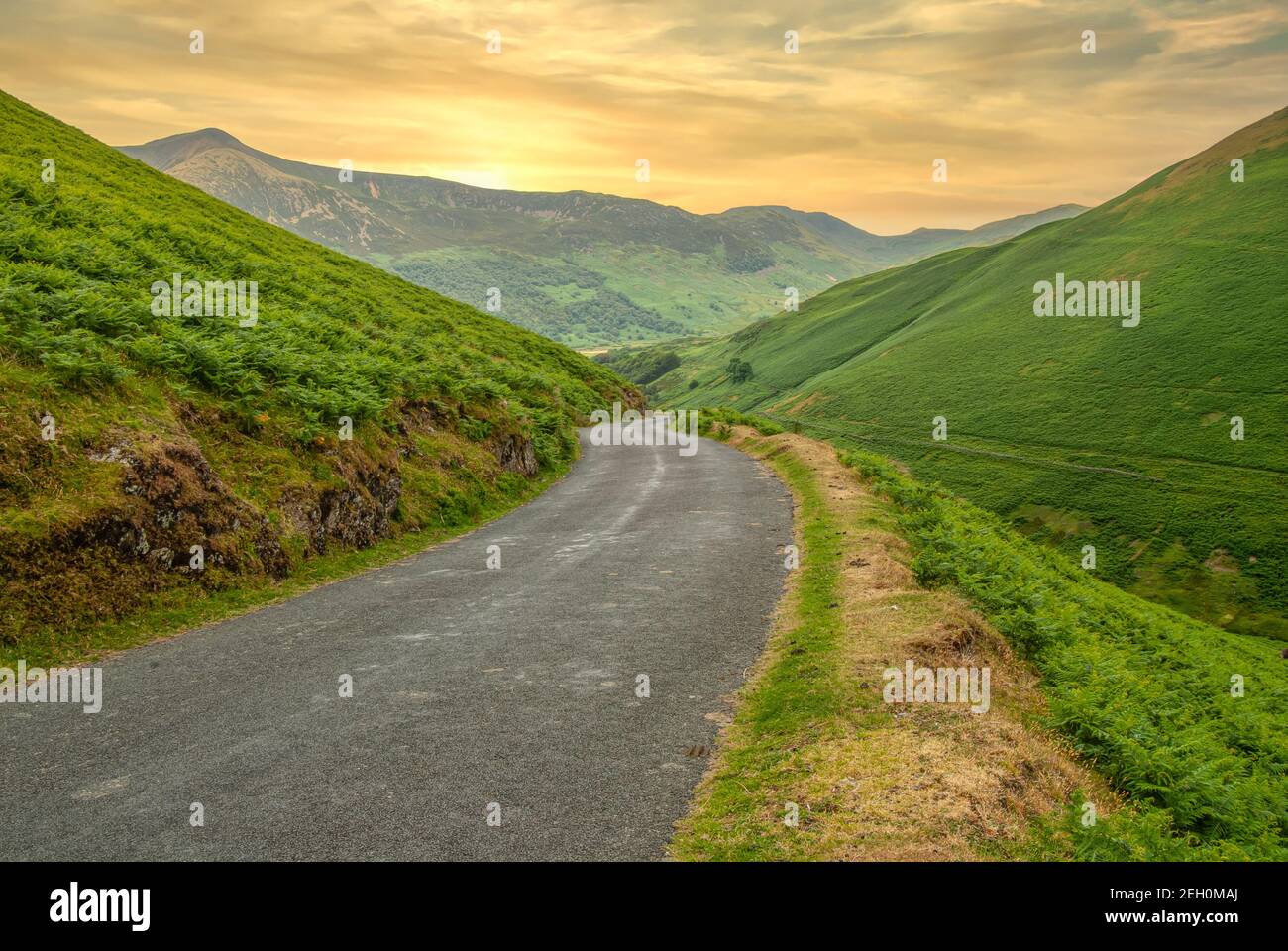 Newland Pass road near Buttermere at the English Lake District at dusk, North West England, UK Stock Photo
