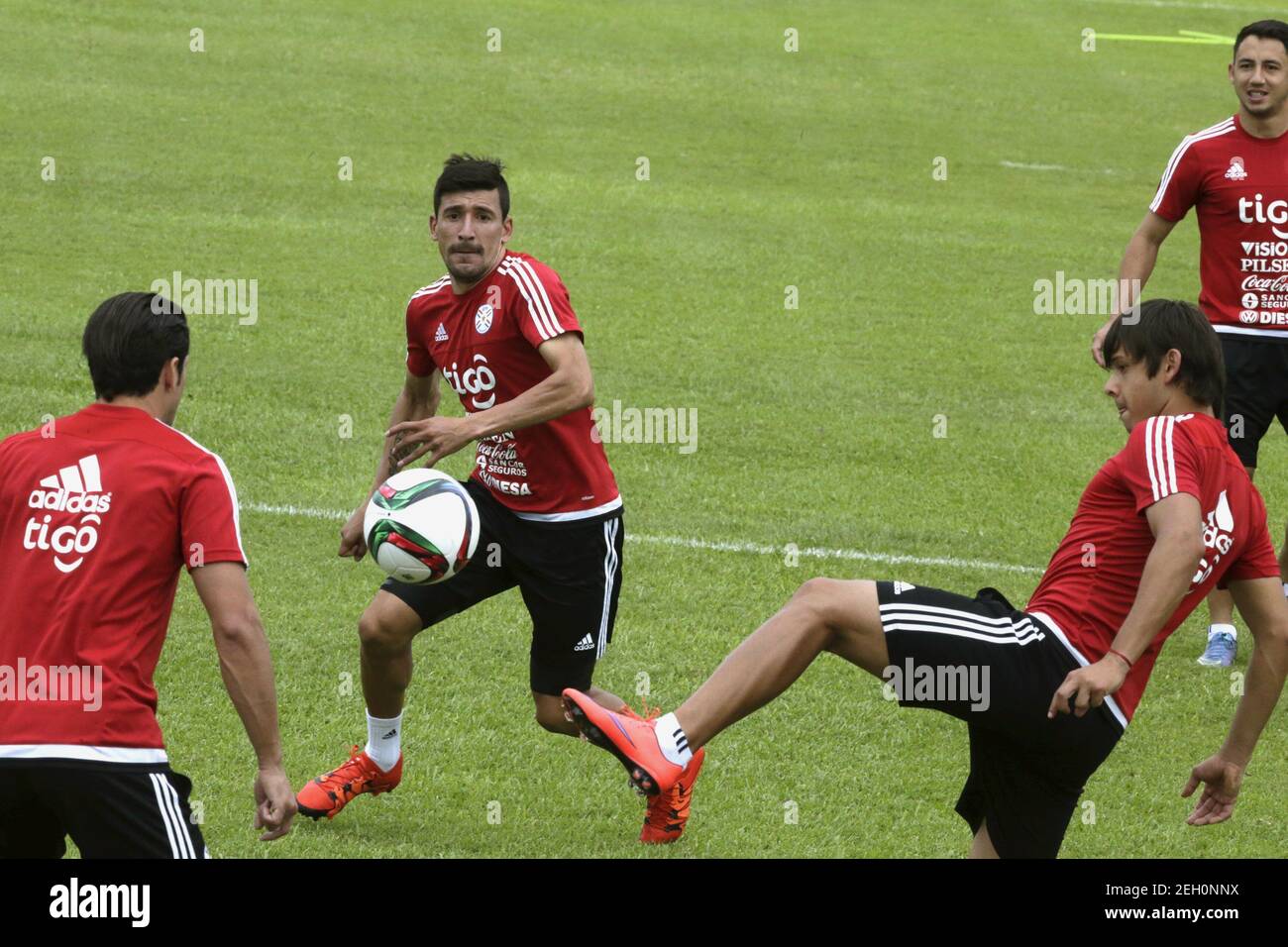 Paraguay's national soccer team players Nelson Haedo, Edgar Benitez, Oscar Romero and Ivan Piris attend a training session in Ypane, Paraguay, November 15, 2015. Paraguay will face Bolivia in their World Cup 2018 qualifying soccer match on November 17, in Defensores del Chaco stadium in Asuncion. REUTERS/Jorge Adorno   Picture Supplied by Action Images Stock Photo