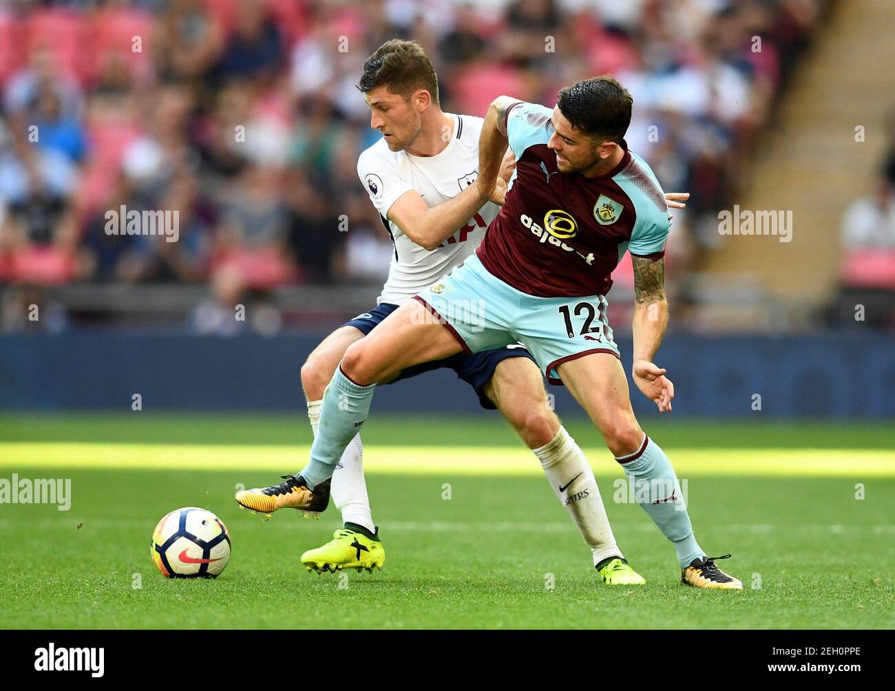 Soccer Football - Premier League - Tottenham Hotspur vs Burnley - London, Britain - August 27, 2017   Burnley's Robbie Brady in action with Tottenham's Ben Davies    REUTERS/Dylan Martinez    EDITORIAL USE ONLY. No use with unauthorized audio, video, data, fixture lists, club/league logos or 'live' services. Online in-match use limited to 45 images, no video emulation. No use in betting, games or single club/league/player publications. Please contact your account representative for further details. Stock Photo