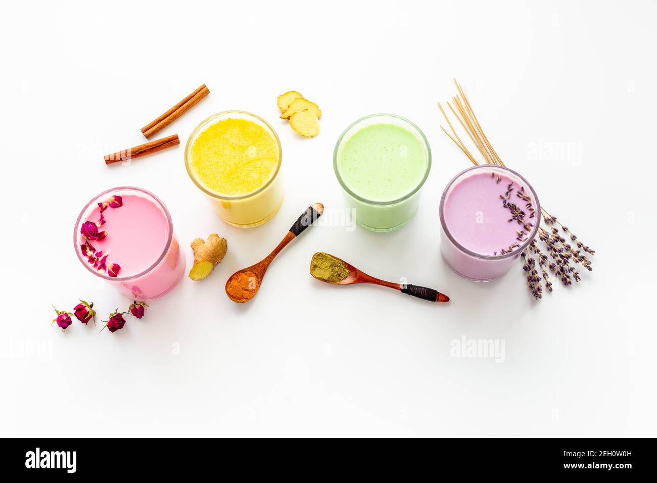 Multicolored lattes tea or coffee. Blue, yellow green and pink latte