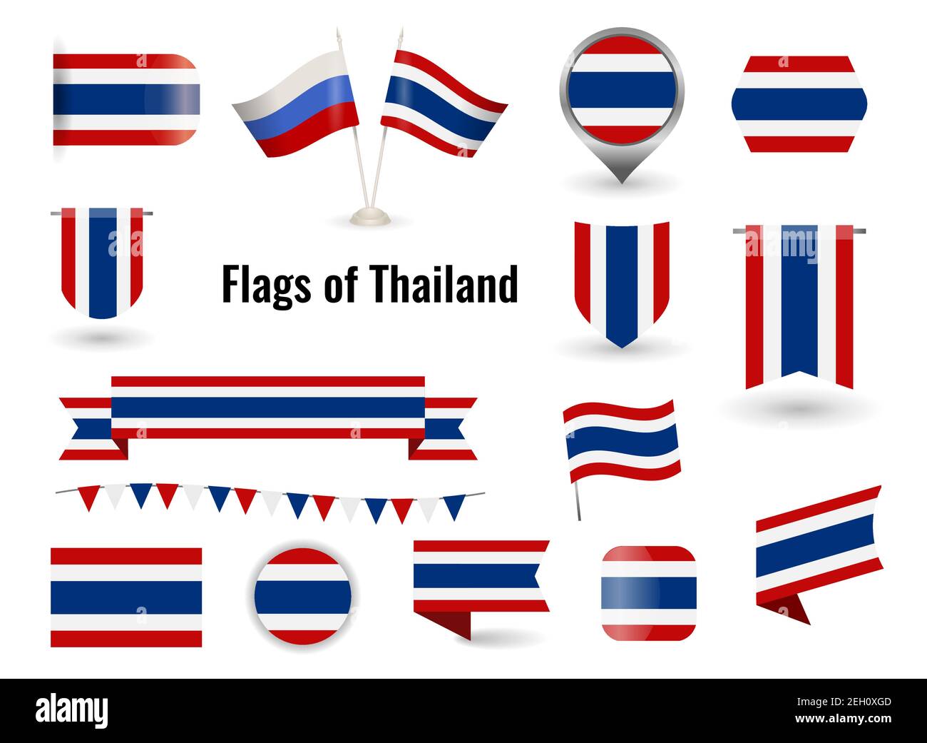 Flag of Thailand. Circle and square and round Thailand flag. Big set of icons and symbols. Collection of different flags of horizontal and vertical. v Stock Vector