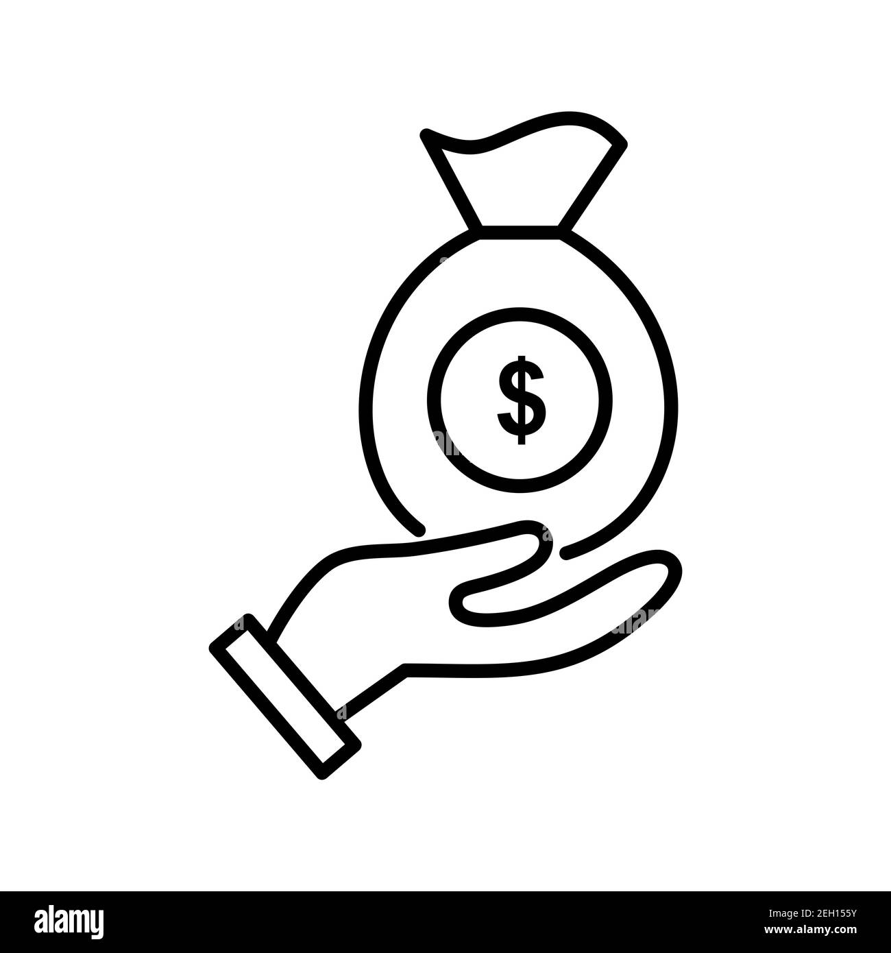 Illustration of dollar money bag on hand line vector icon isolated on ...