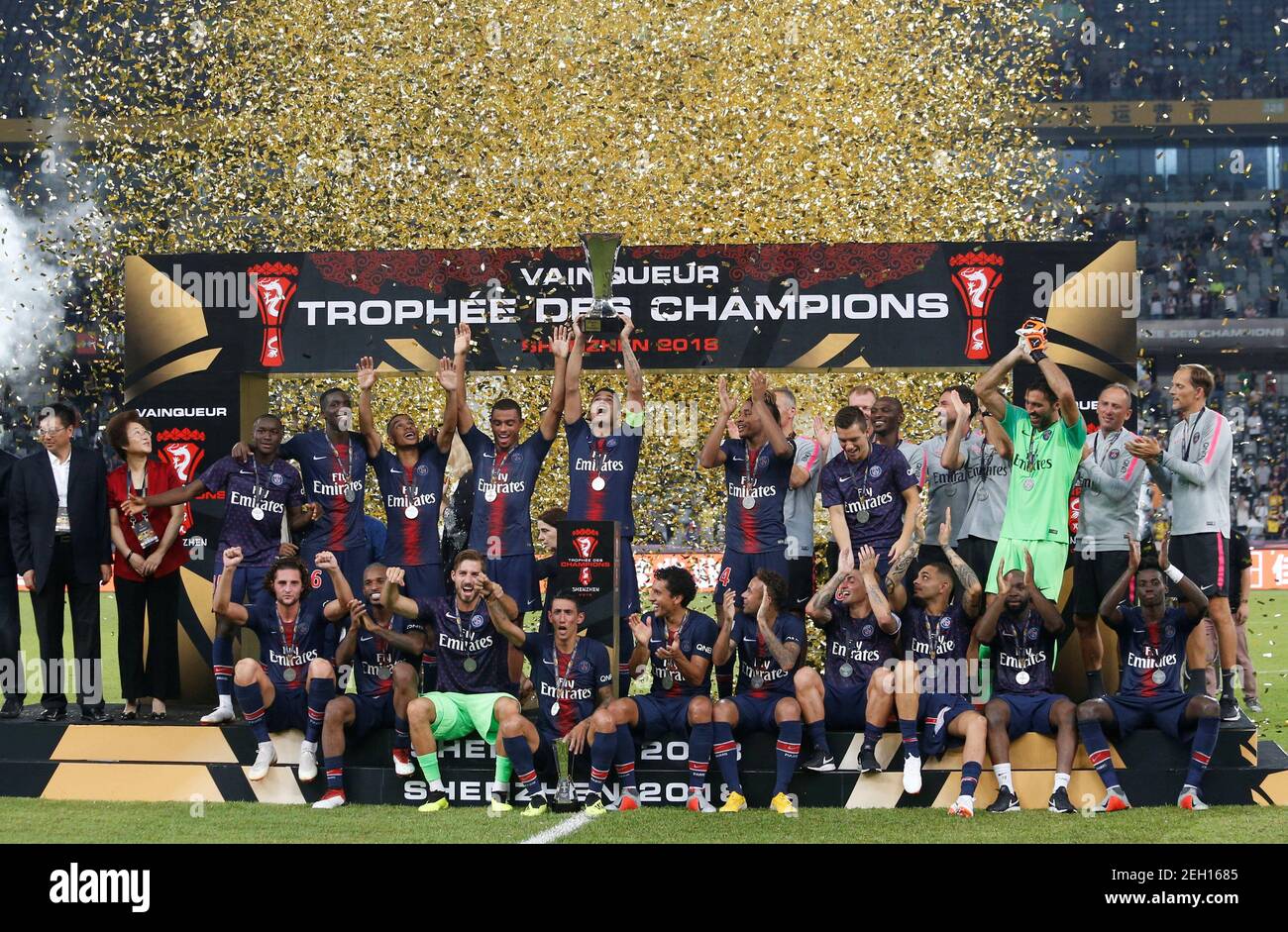 Soccer Football - French Super Cup Trophee des Champions - Paris St Germain v AS Monaco - Shenzhen Universiade Sports Centre, Shenzhen, China - August 4, 2018   Paris St Germain celebrate with the trophy after winning the French Super Cup   REUTERS/Bobby Yip Stock Photo