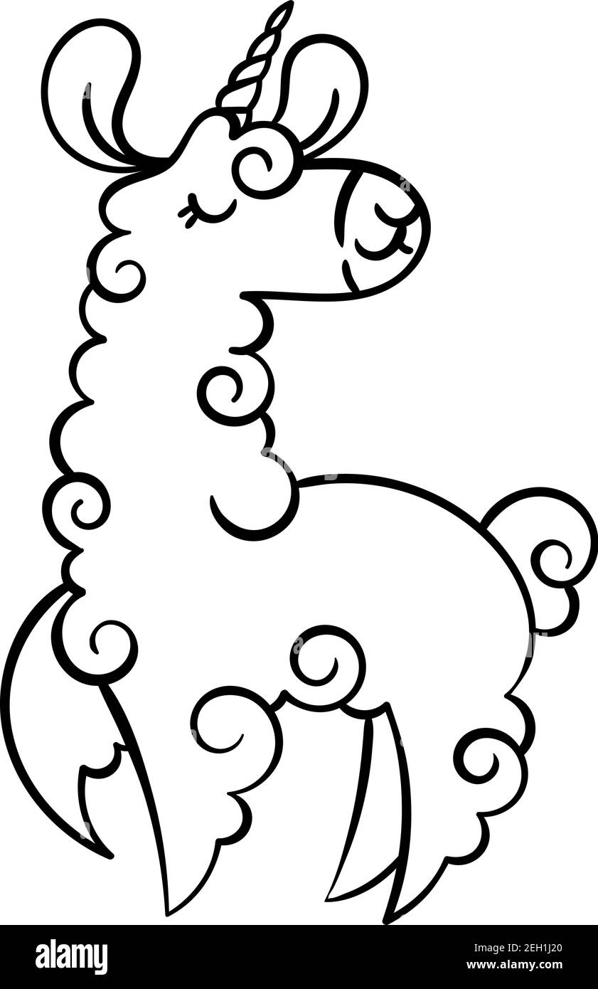 Cute Curly Llama Unicorn Is Flying And Dancing With Happiness Vector Illustration For Coloring Pages Children And Adult Prints Baby Shower Stock Vector Image Art Alamy