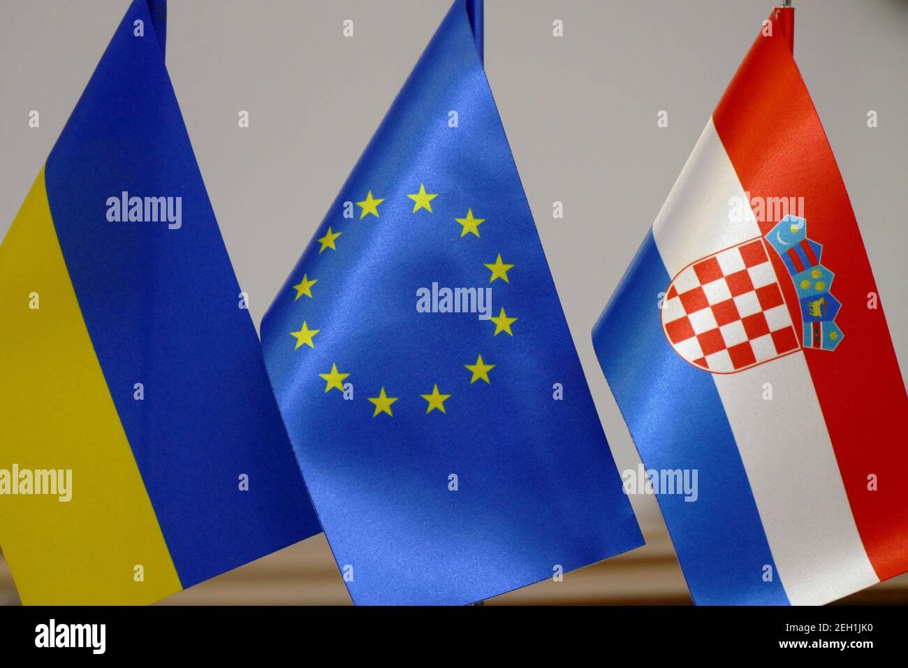 Non Exclusive: IVANO-FRANKIVSK, UKRAINE - FEBRUARY 18, 2021 - The flags of Ukraine, the European Union and the Republic of Croatia (L to R) are pictur Stock Photo