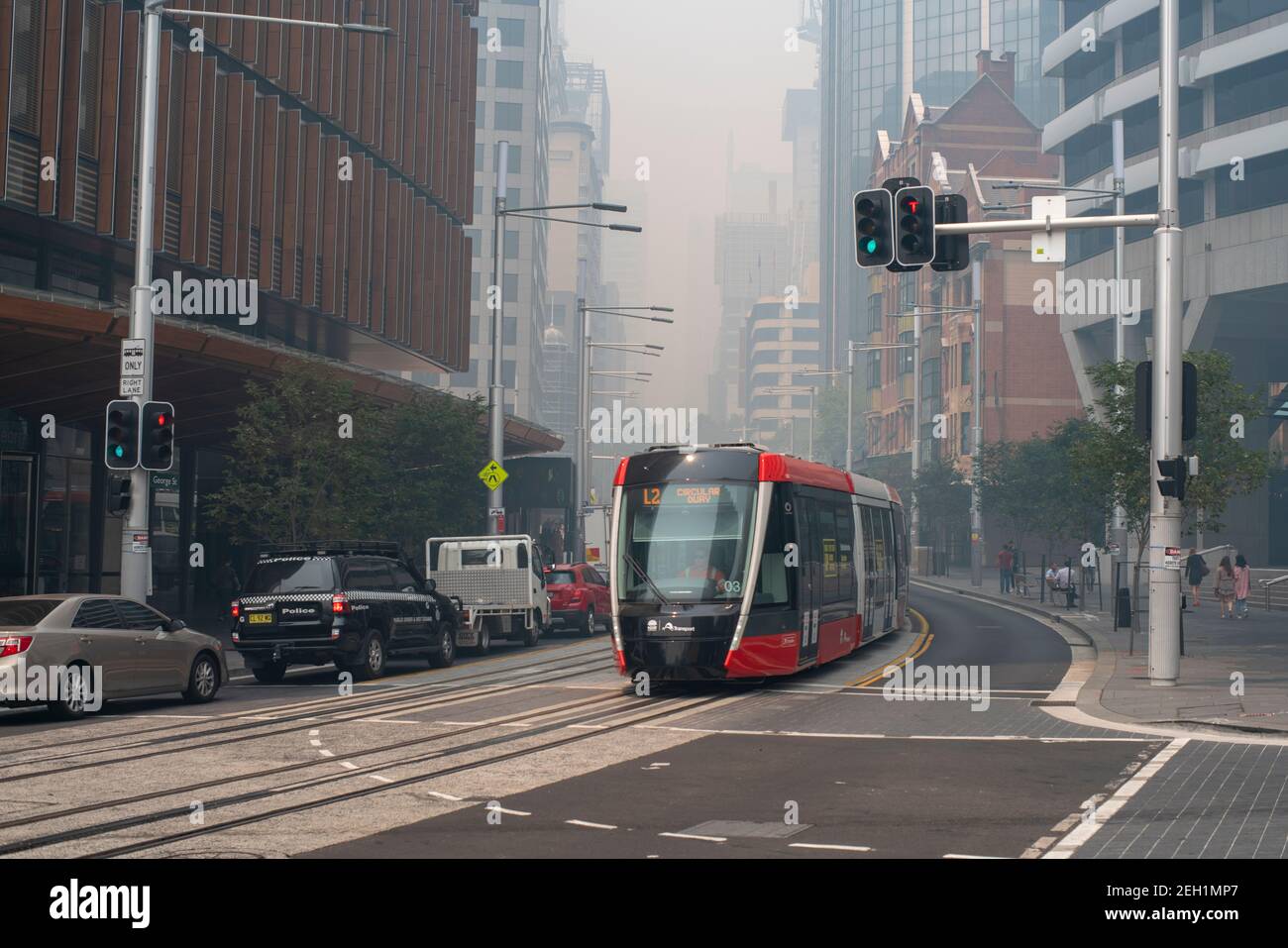 Sydney Light Rail Release date in Smoke damaged Streets of Sydney Stock Photo