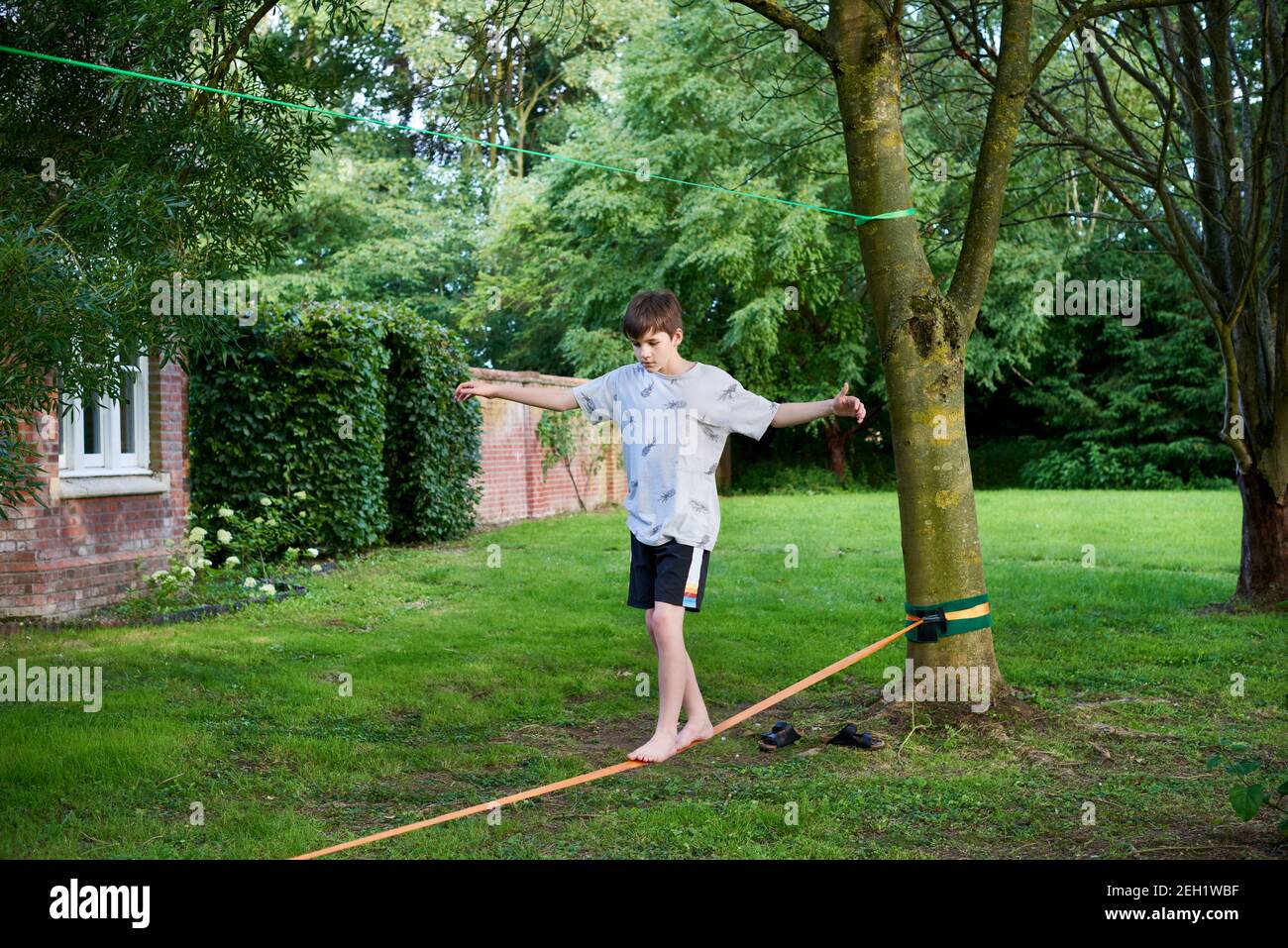 A teenage boy balancing on a slack line, tight rope which is tied between  two trees in the garden. A country house and wall are in the background  Stock Photo - Alamy