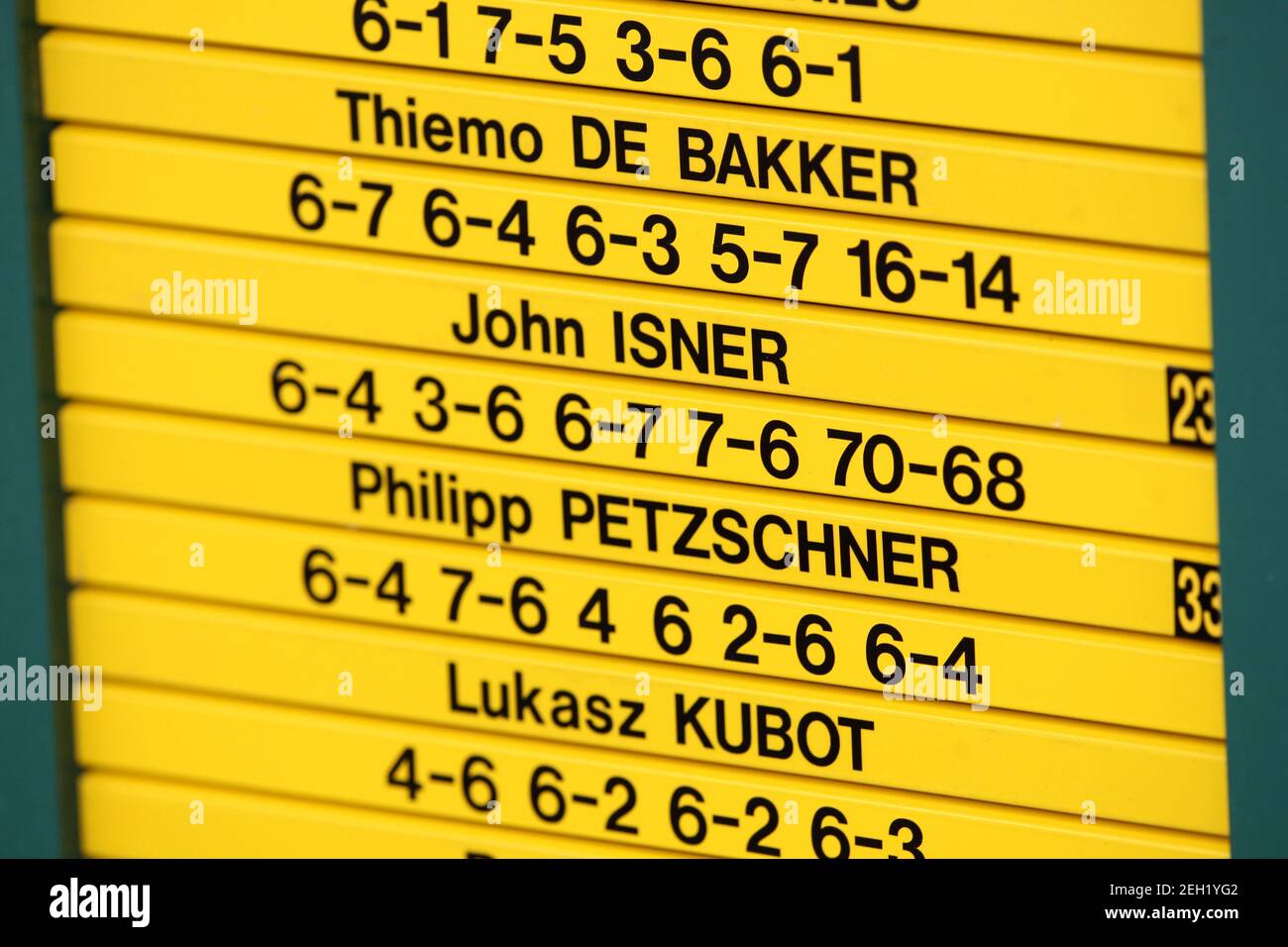 Tennis - Wimbledon - All England Lawn Tennis & Croquet Club, Wimbledon,  England - 26/6/10 The scoreboard shows the score of a first round match  between John Isner of USA and Nicolas