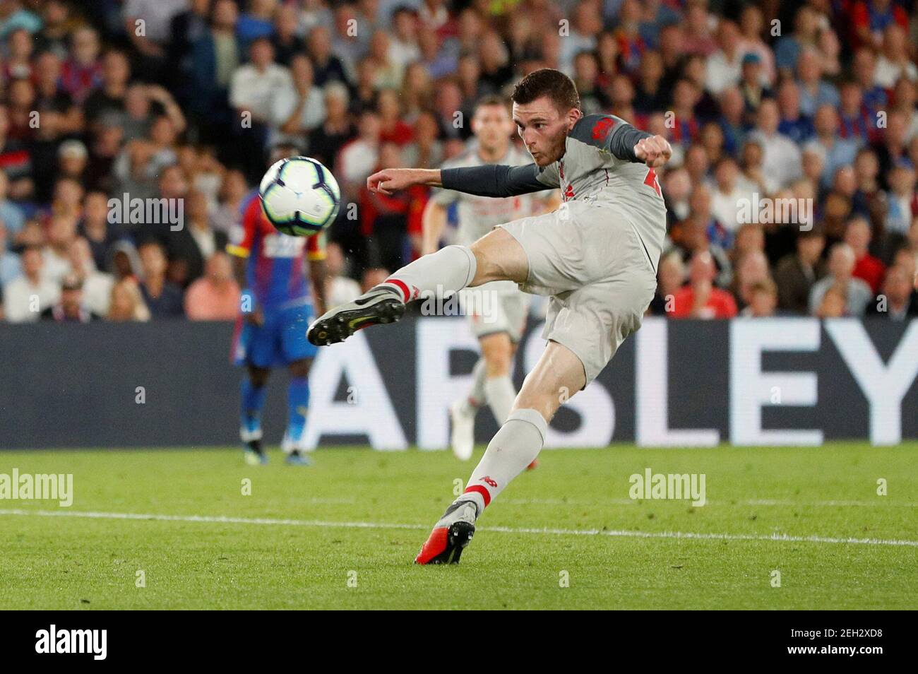 Soccer Football - Premier League - Crystal Palace v Liverpool - Selhurst Park, London, Britain - August 20, 2018  Liverpool's Andrew Robertson shoots at goal                 Action Images via Reuters/John Sibley  EDITORIAL USE ONLY. No use with unauthorized audio, video, data, fixture lists, club/league logos or 'live' services. Online in-match use limited to 75 images, no video emulation. No use in betting, games or single club/league/player publications.  Please contact your account representative for further details. Stock Photo