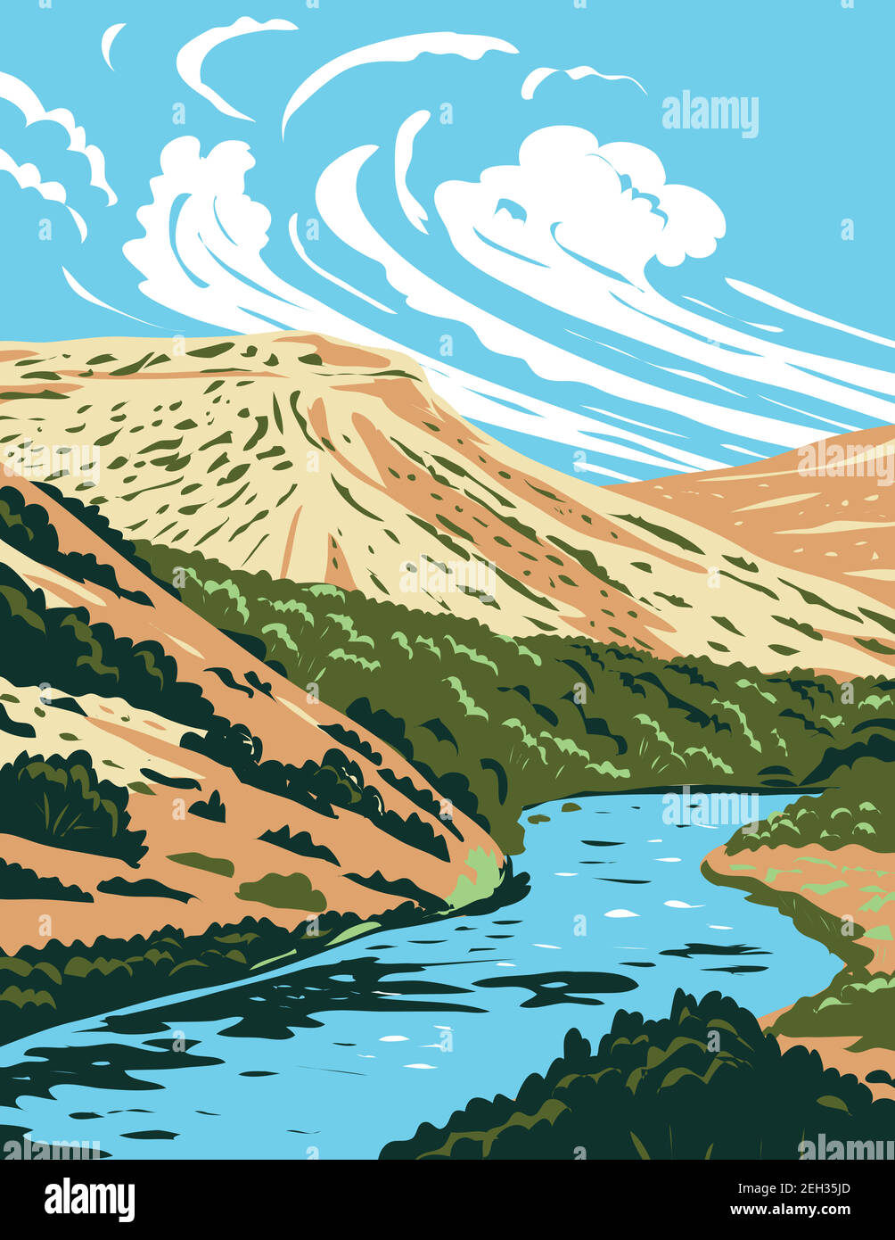 WPA poster art of the Rio Grande, a principal river in the United States and Mexico that begins in Colorado and flows to Gulf of Mexico in works proje Stock Vector