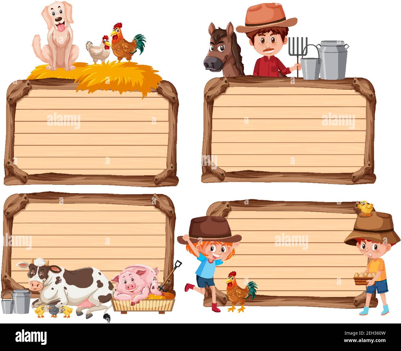 Set of different empty banner with farmer and animals on white ...
