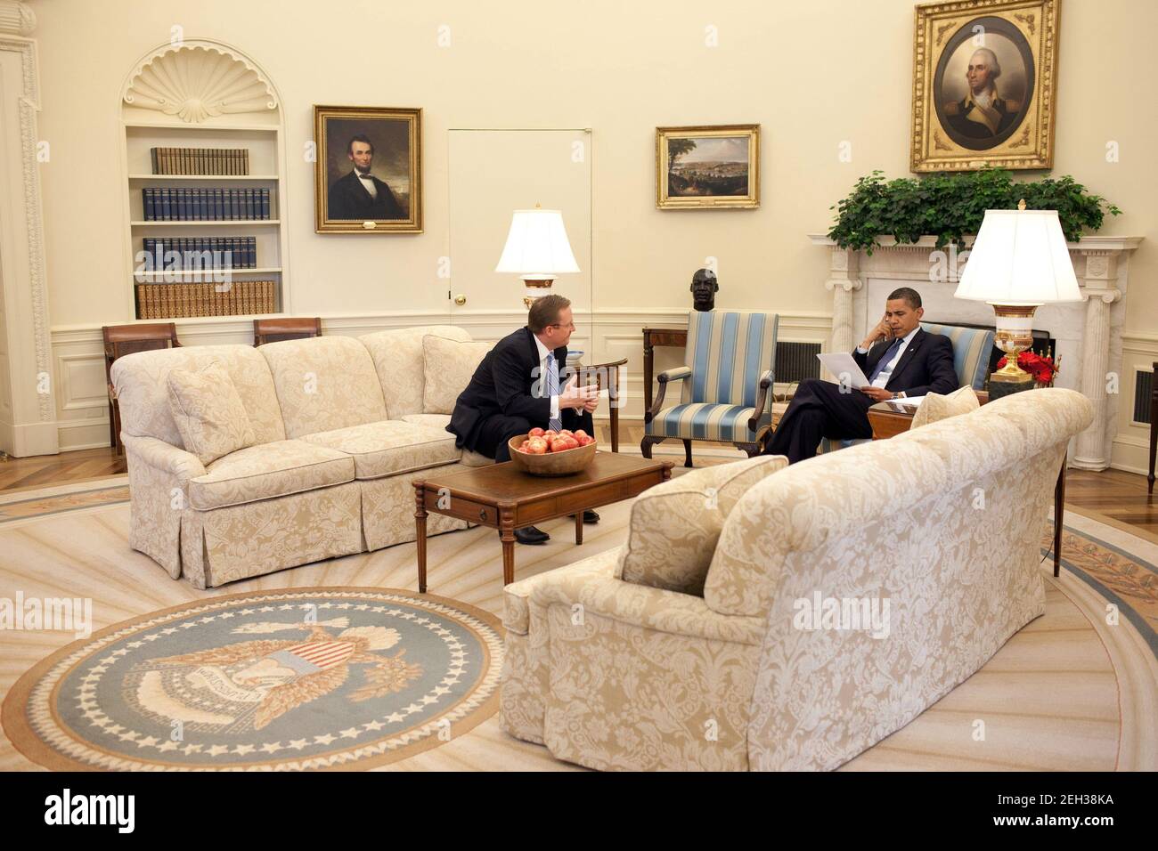 President Barack Obama meets in the Oval Office with Press Secretary ...