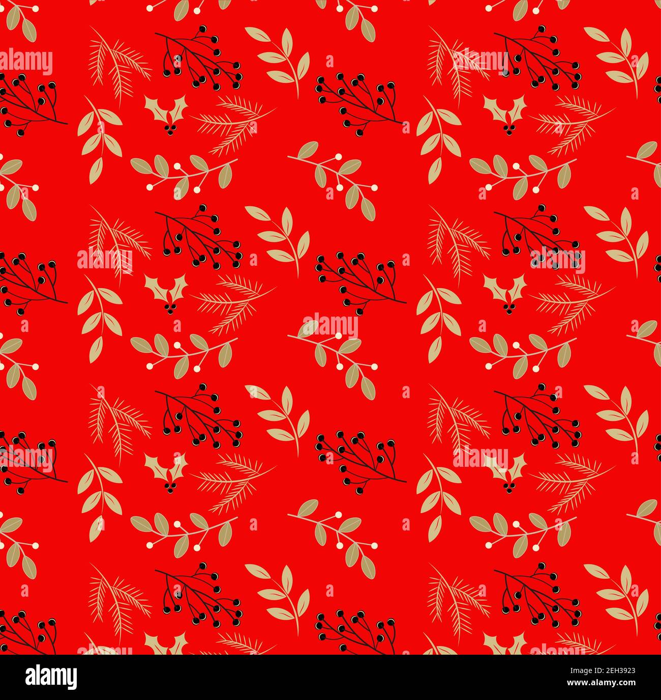 Christmas themed seamless vector pattern with gold elements on a red background Stock Vector