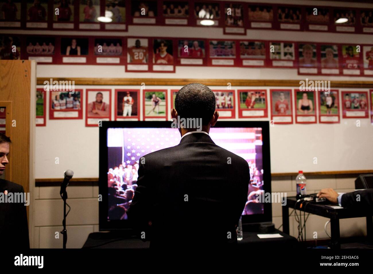 President Barack Obama waits backstage to be introduced at a health care town hall meeting at Shaker Heights High School in Cleveland, Ohio on July 23, 2009. Stock Photo