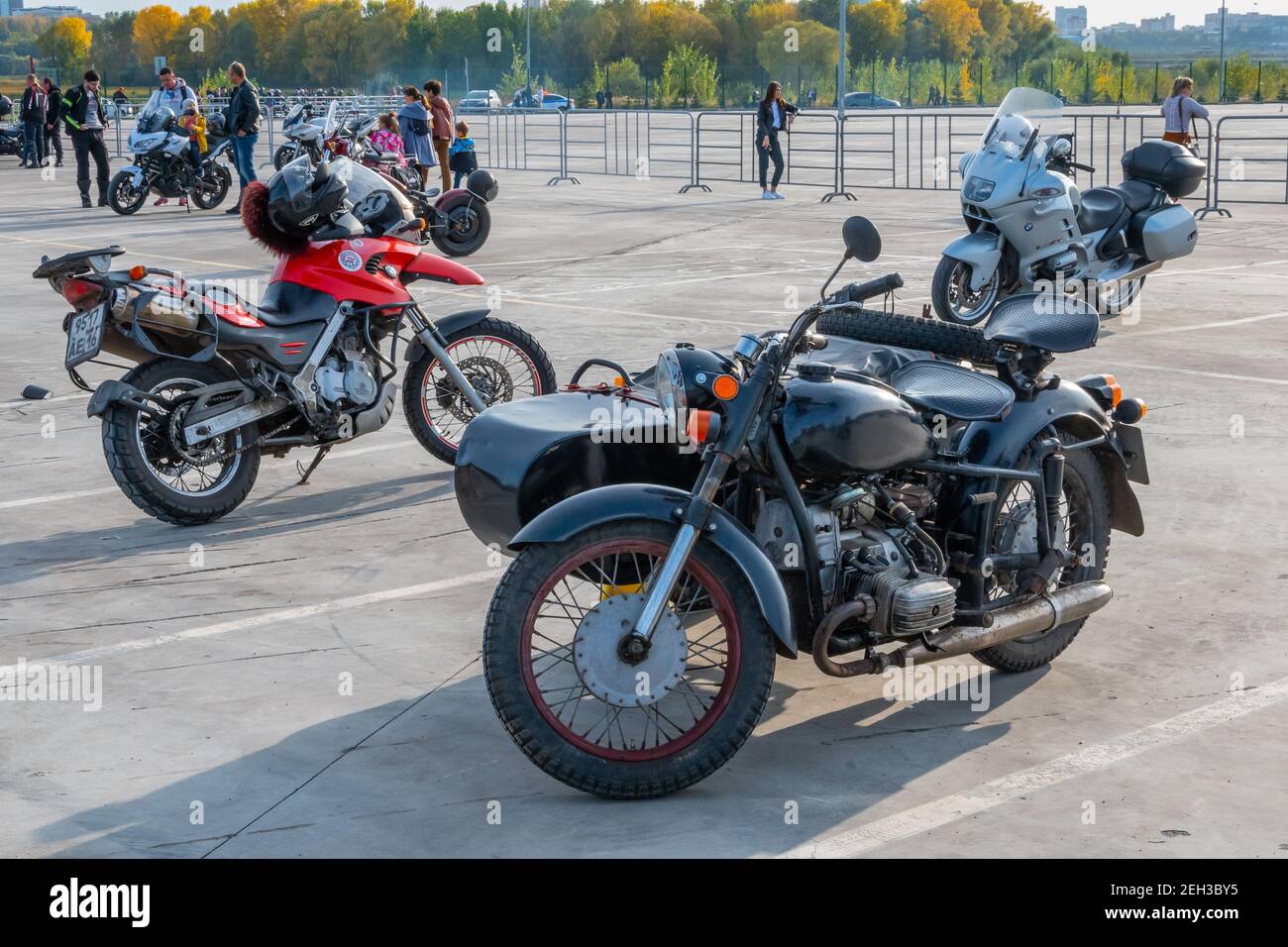 Kazan, Russia-September 26, 2020: Motorcycle with sidecar in the parking lot during a meeting of bikers before a joint trip around the city Stock Photo
