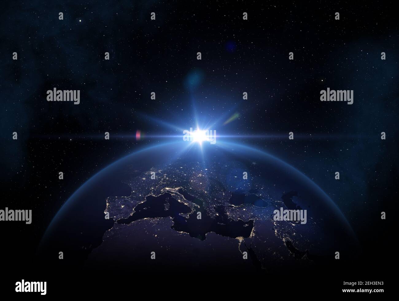 Beautiful planet Earth with night city lights. Europe, Asia and Africa at night viewed from space with city lights. View of Earth from space. Stock Photo