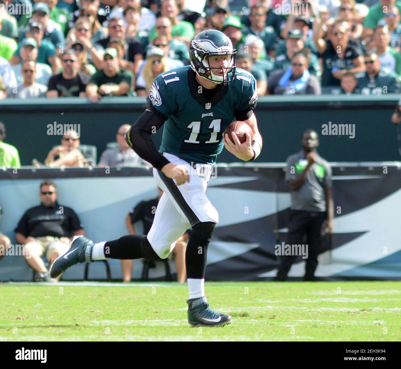 Philadelphia, United States. 11th Sep, 2016. FILE PHOTO: In this September 11, 2016 file photo, Philadelphia Eagles quarterback Carson Wentz #11 runs with the ball against the Cleveland Browns in the fourth quarter Sunday, September 11, 2016 at Lincoln Financial Field in Philadelphia, Pennsylvania. Wentz was traded February 18, 2021, for a second and third round draft pick, to the Indianapolis Colts, reuniting him with Colts head coach and former Philadelphia Eagles offensive coordinator, Frank Reich. ( Credit: William Thomas Cain/Alamy Live News Stock Photo