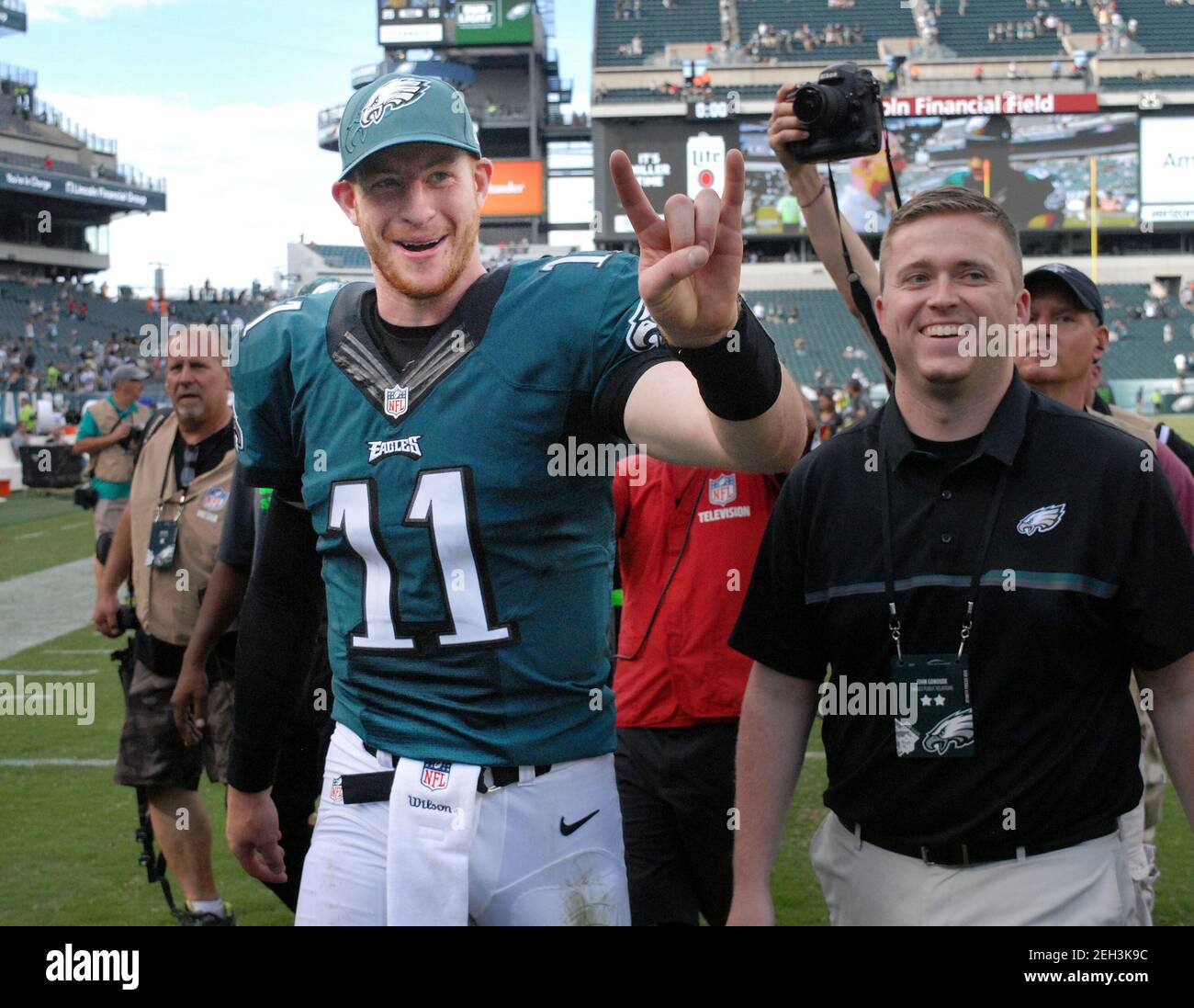 Philadelphia, United States. 11th Sep, 2016. FILE PHOTO: In this September 11, 2016 file photo, Philadelphia Eagles quarterback Carson Wentz #11 walks off the field after defeating the Cleveland Browns Sunday, September 11, 2016 at Lincoln Financial Field in Philadelphia, Pennsylvania. Wentz was traded February 18, 2021, for a second and third round draft pick, to the Indianapolis Colts, reuniting him with Colts head coach and former Philadelphia Eagles offensive coordinator, Frank Reich. ( Credit: William Thomas Cain/Alamy Live News Stock Photo