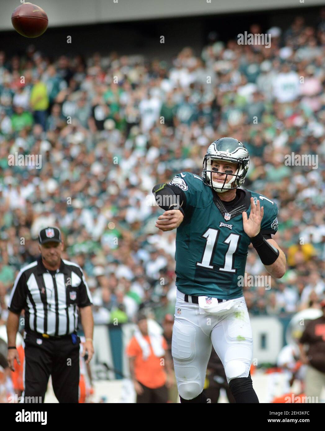 Philadelphia, United States. 11th Sep, 2016. FILE PHOTO: In this September 11, 2016 file photo, Philadelphia Eagles quarterback Carson Wentz throws a pass against the Cleveland Browns, September 11, 2016 at Lincoln Financial Field in Philadelphia, Pennsylvania. Carson Wentz was traded February 18, 2021, for a second and third round draft pick, to the Indianapolis Colts, reuniting him with Colts head coach and former Philadelphia Eagles offensive coordinator, Frank Reich. ( Credit: William Thomas Cain/Alamy Live News Stock Photo