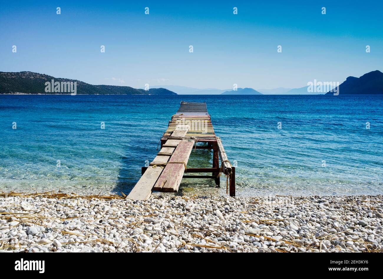 Seaview from beach on Kalamos, Ionian. Kastos in the distance. Stock Photo