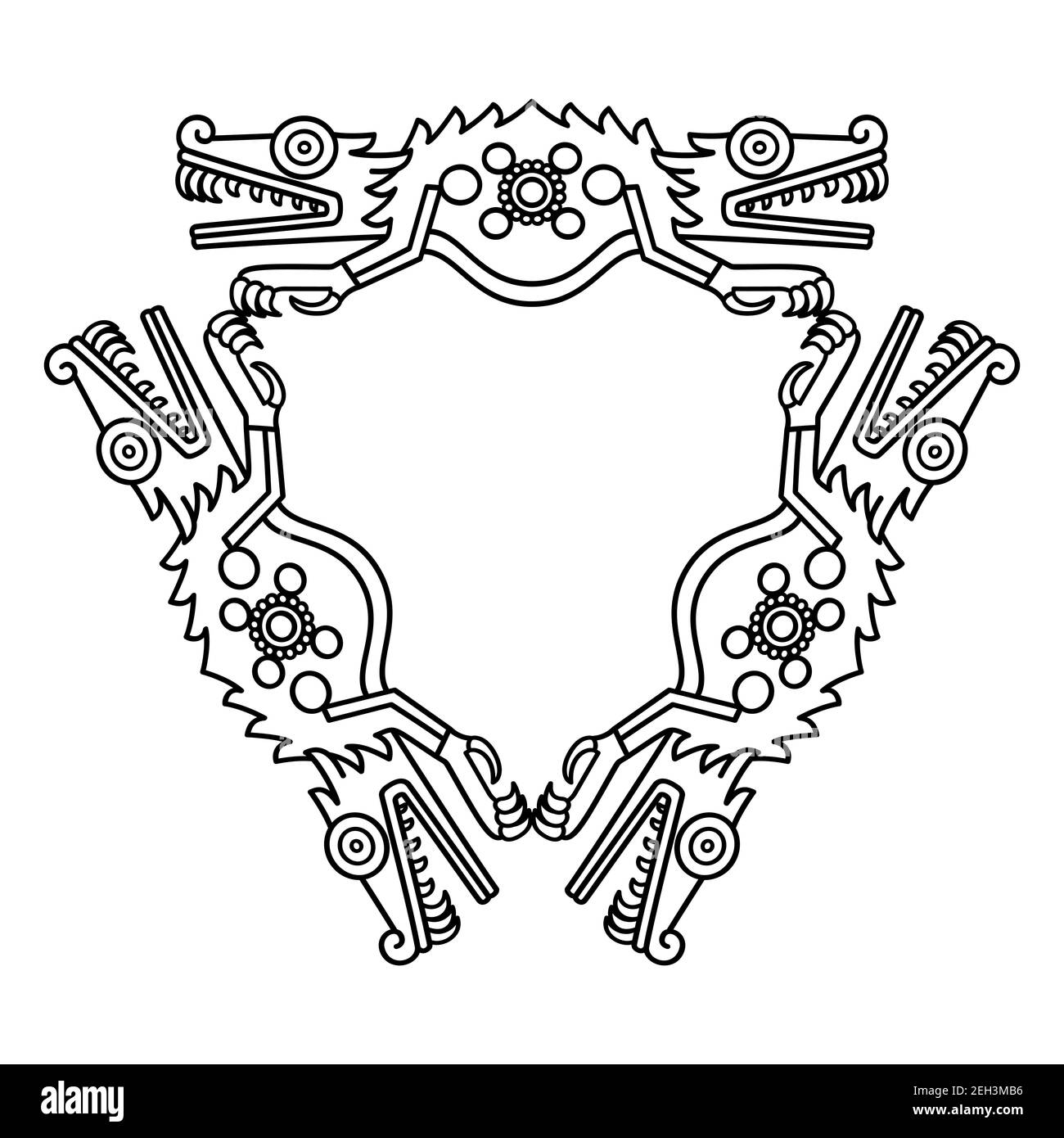 Triangular shaped crocodile ornament, in Aztec style, black and white illustration. Triangle, made of six crocodile body halves, mouths wide open. Stock Photo