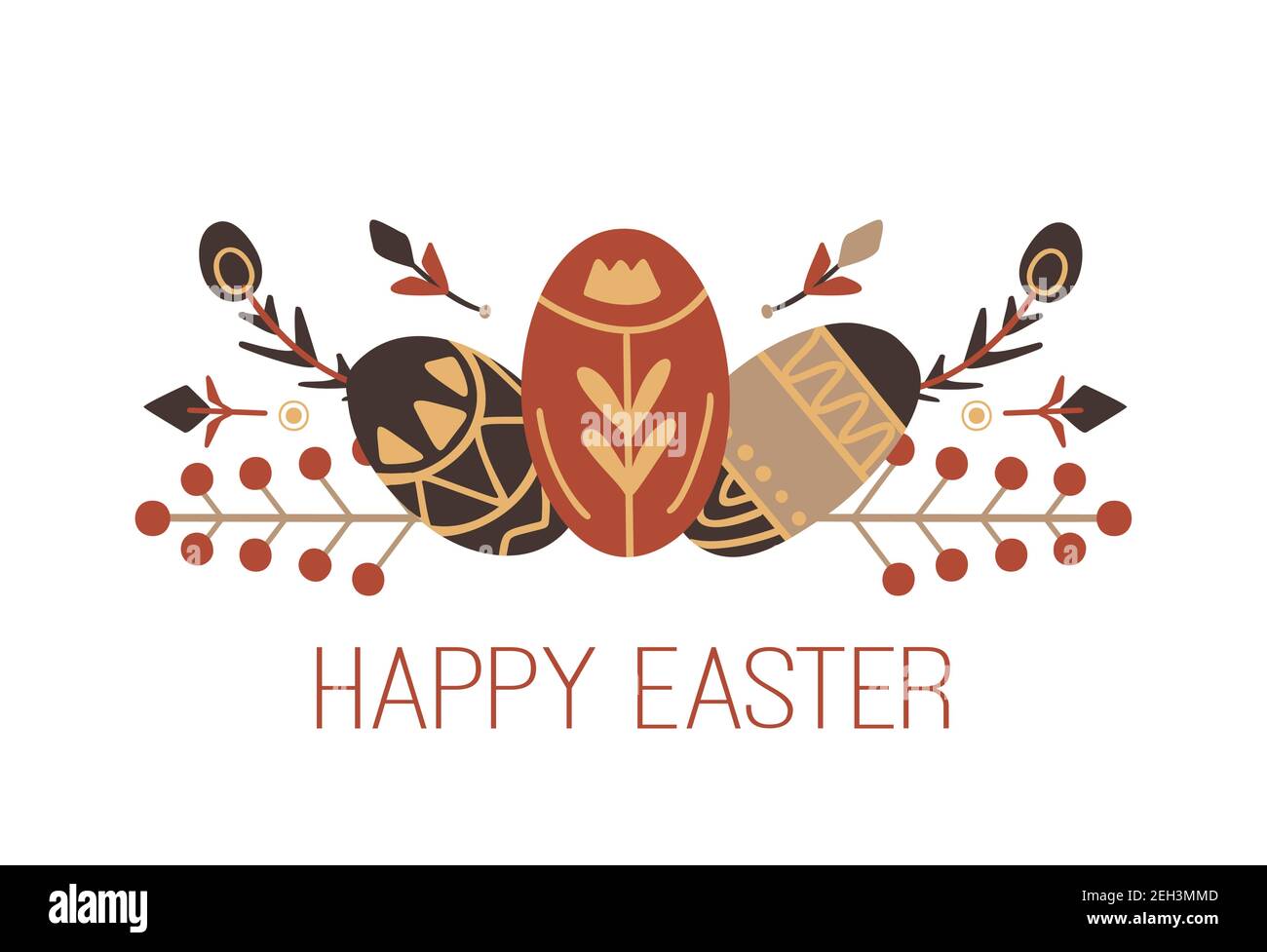 Happy Easter. Card with Easter egg and geometric floral branches with tribal decorations and lettering. Festive spring treat with wishes. Postcard wit Stock Vector