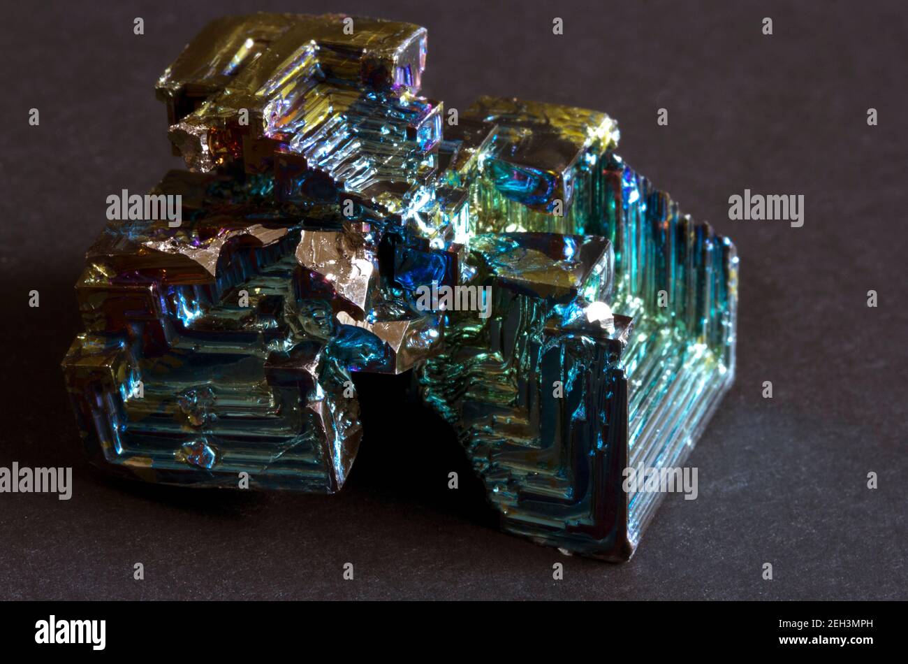 The distinctive stepped crystals of metallic Bismuth. The colourful