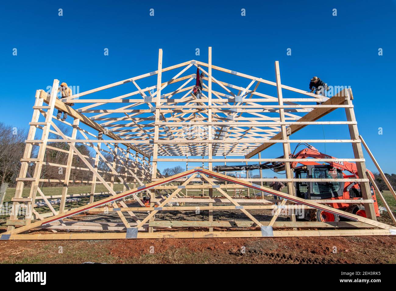 Pole Barn construction on farm in Harford County Maryland Stock Photo